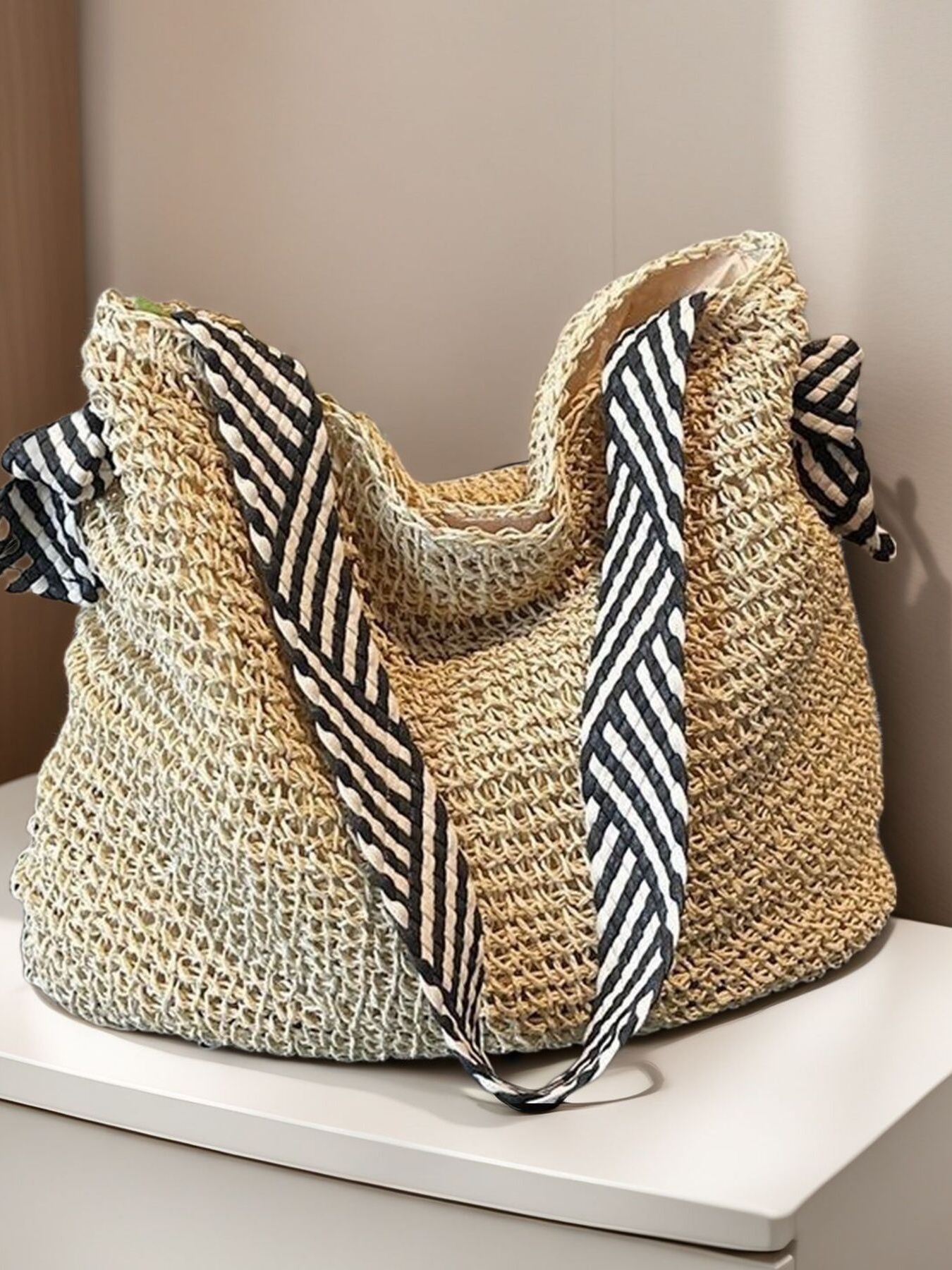 Woven Straw Shoulder Bag with Striped Handles