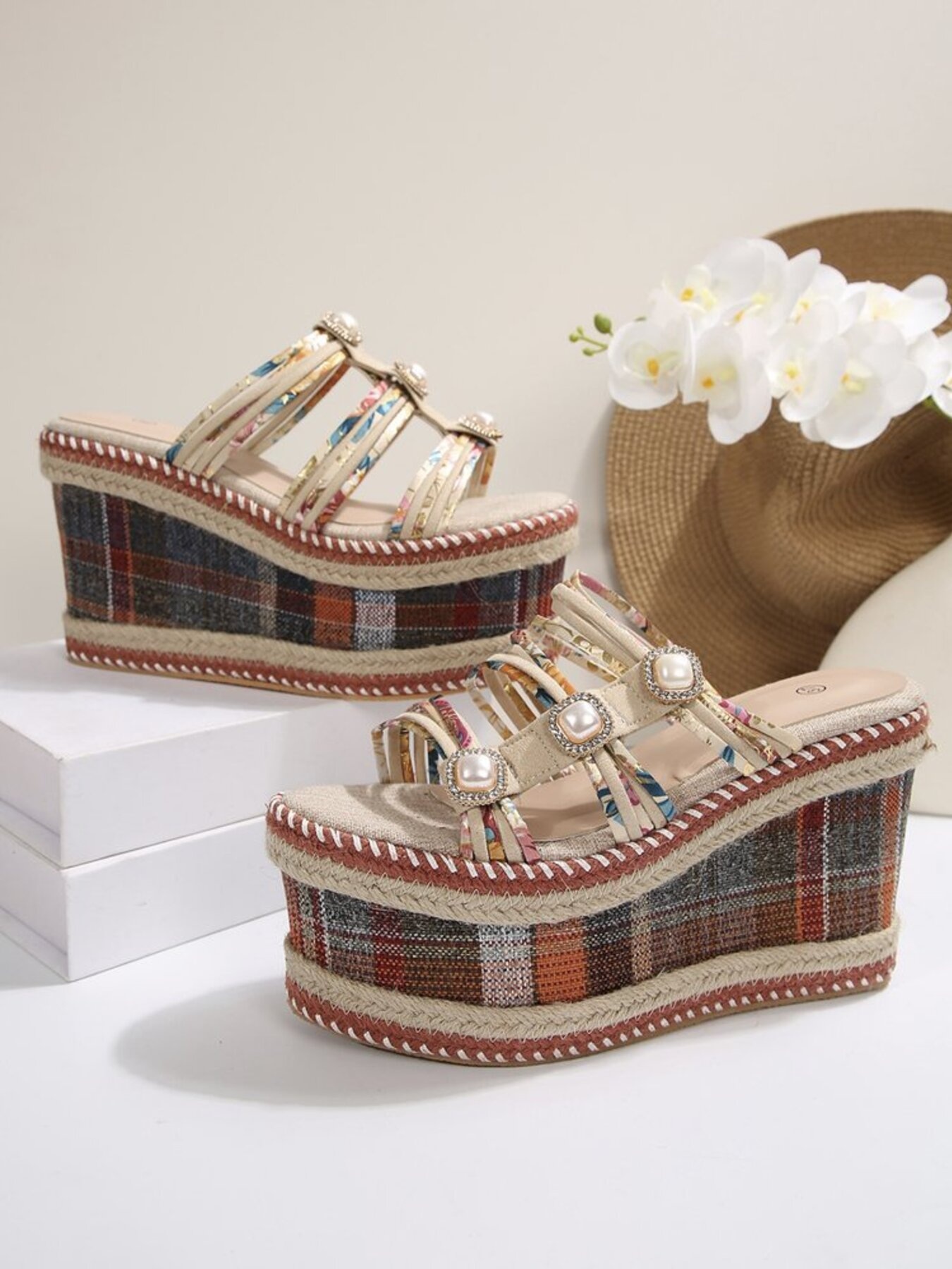 Plaid Platform Wedge Sandals