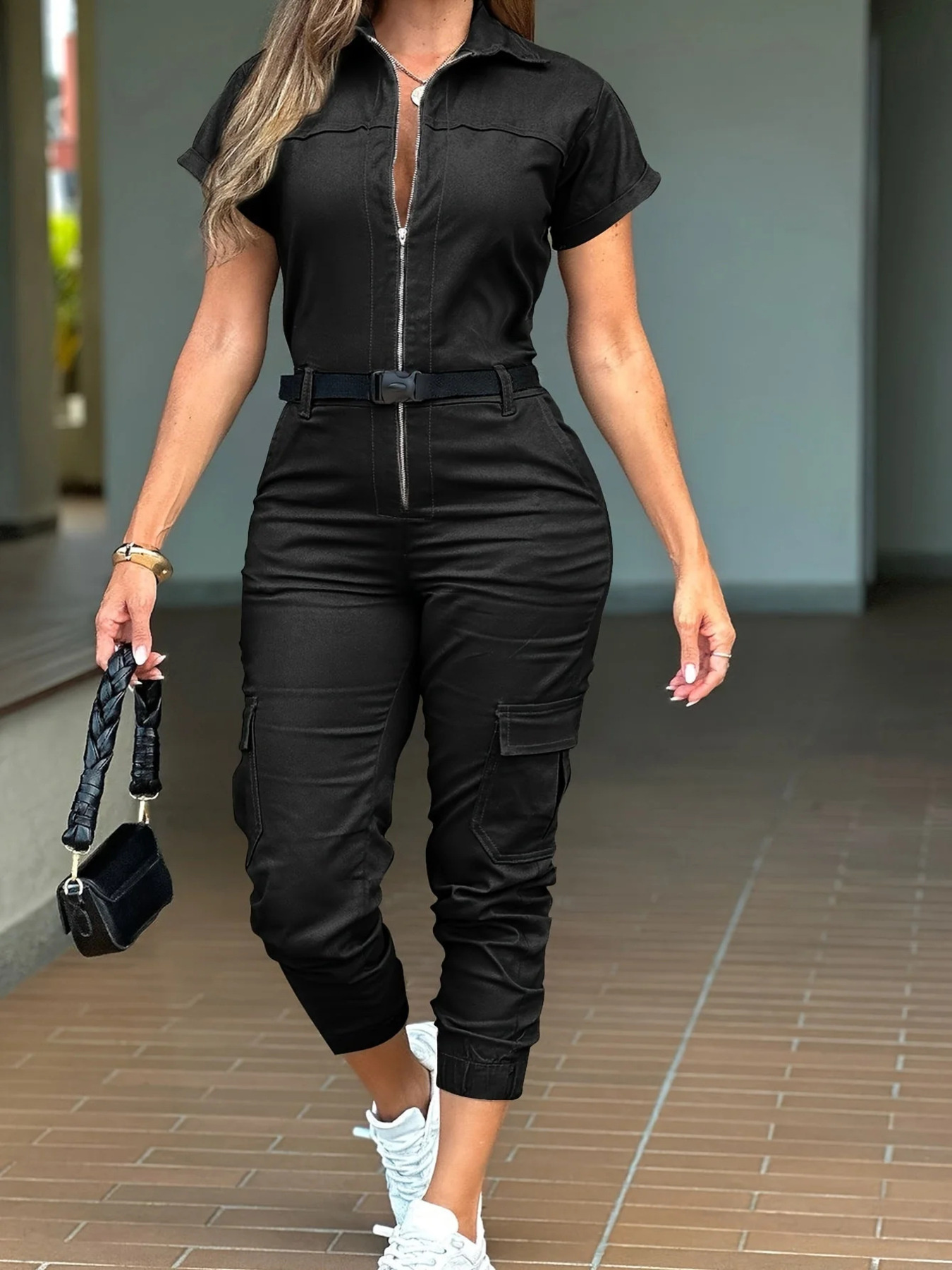 Zip Front Short Sleeve Jumpsuit