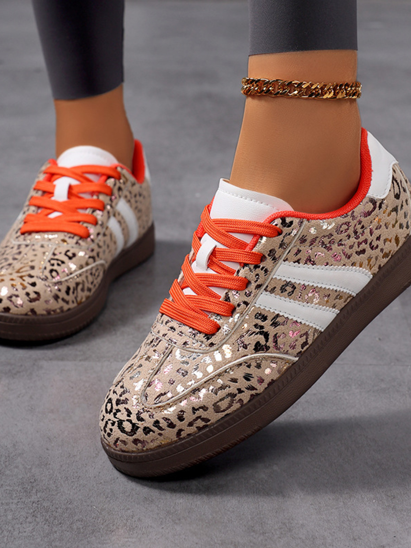 Leopard Print Stripe Detail Lace-up Sneakers