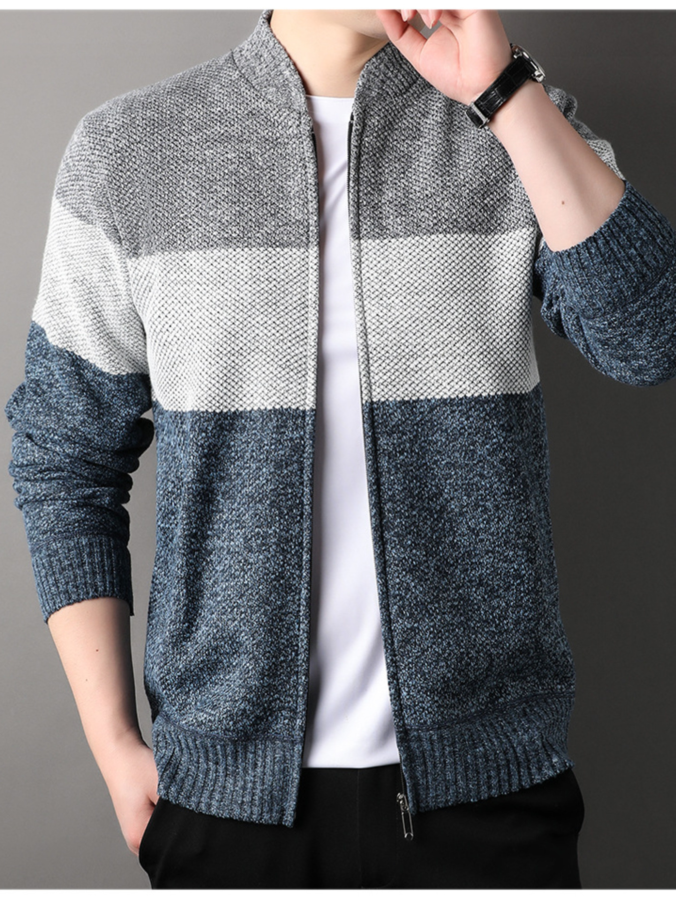 Men's Plus Size Color Block Zip Up Cardigan