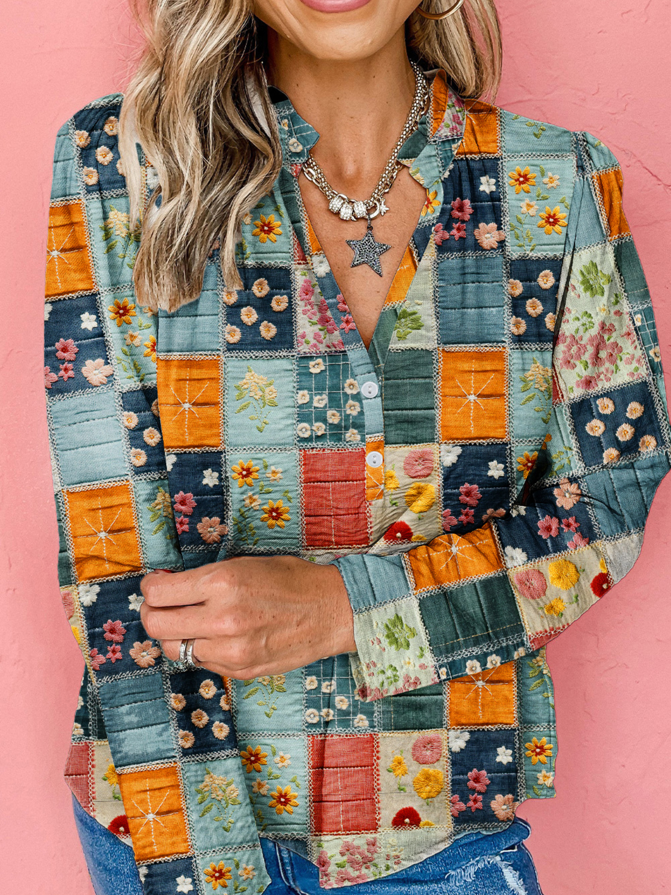 Floral Half Placket Notched Blouse
