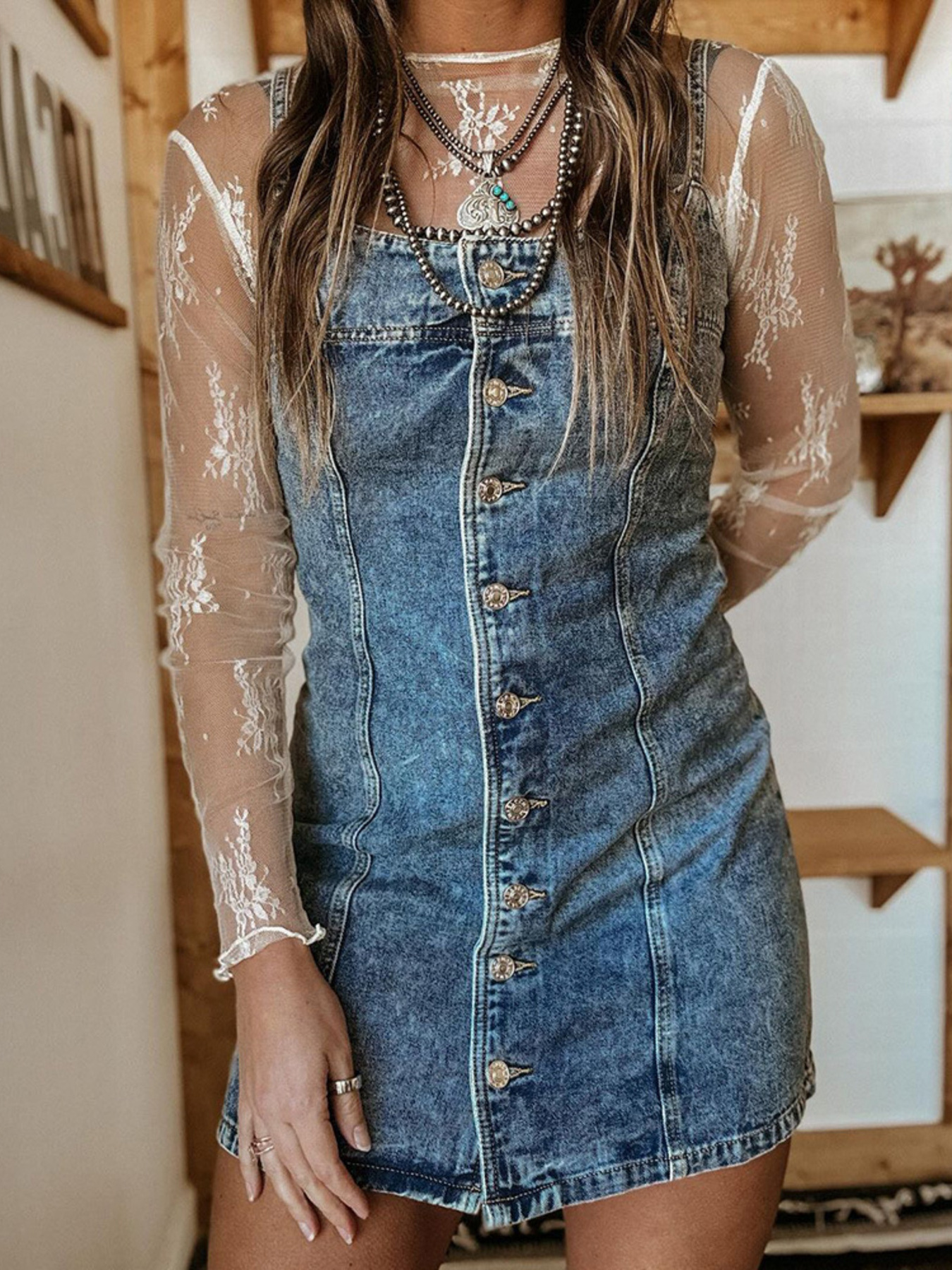 Button Front Square Neck Denim Dress