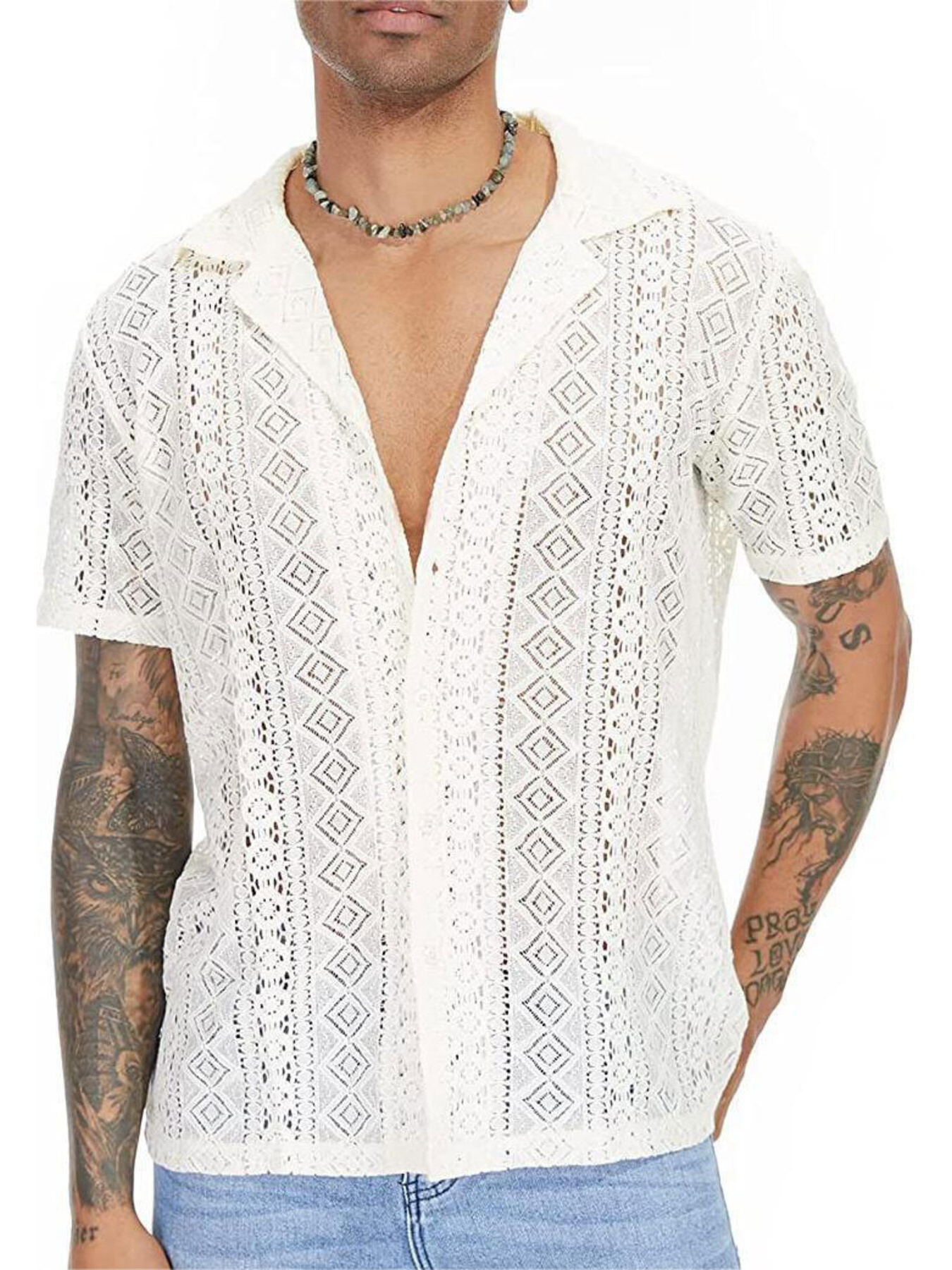 Men's Full Size Lace Button Up Short Sleeve Shirt Plus Size