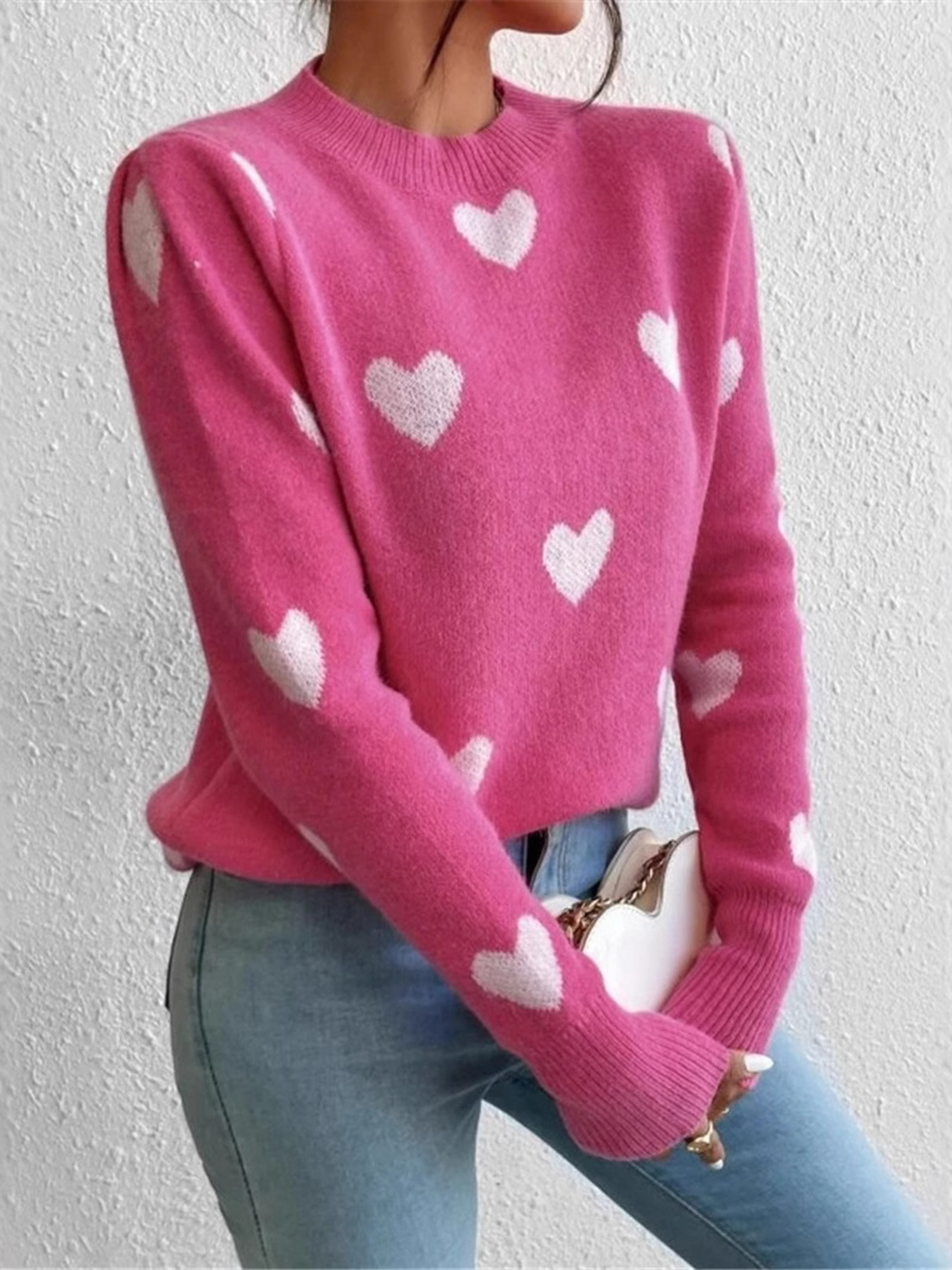 Heart Pattern Round Neck Sweater