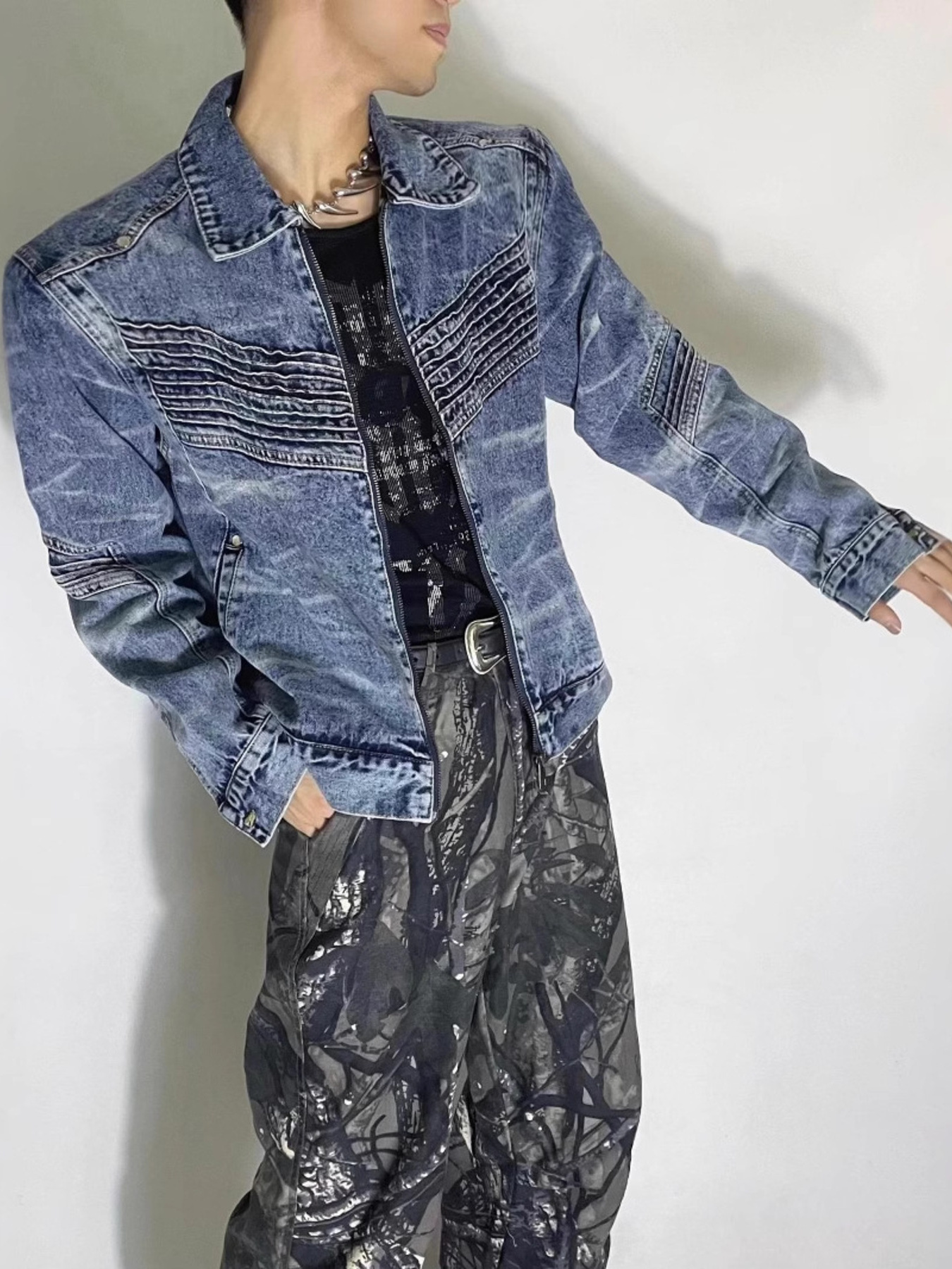 Men's Washed Zip Up Denim Jacket