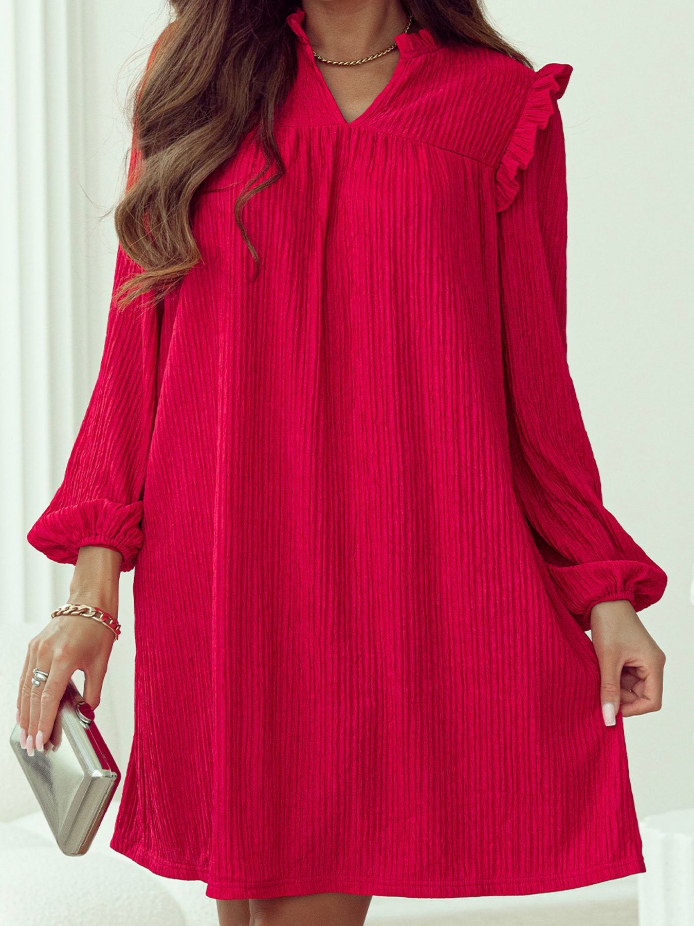 Textured Ruffled Trim Loose Fit Mini Dress