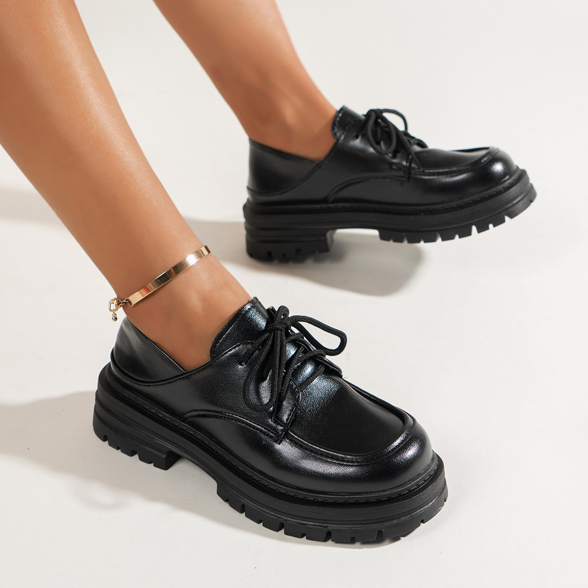 Leather Platform Loafers with Lace-Up Detail