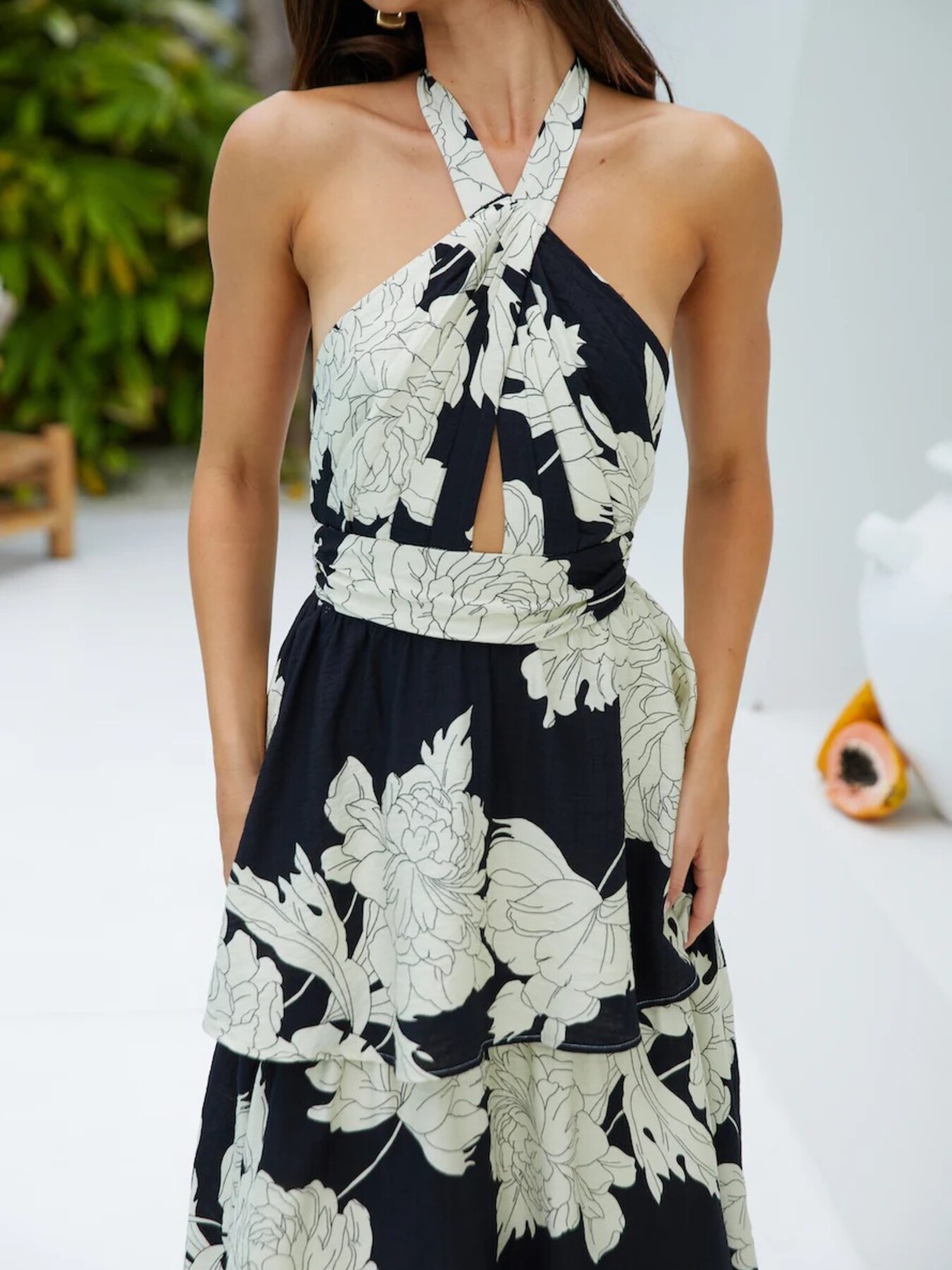 Printed Halter Neck Tiered Maxi Dress