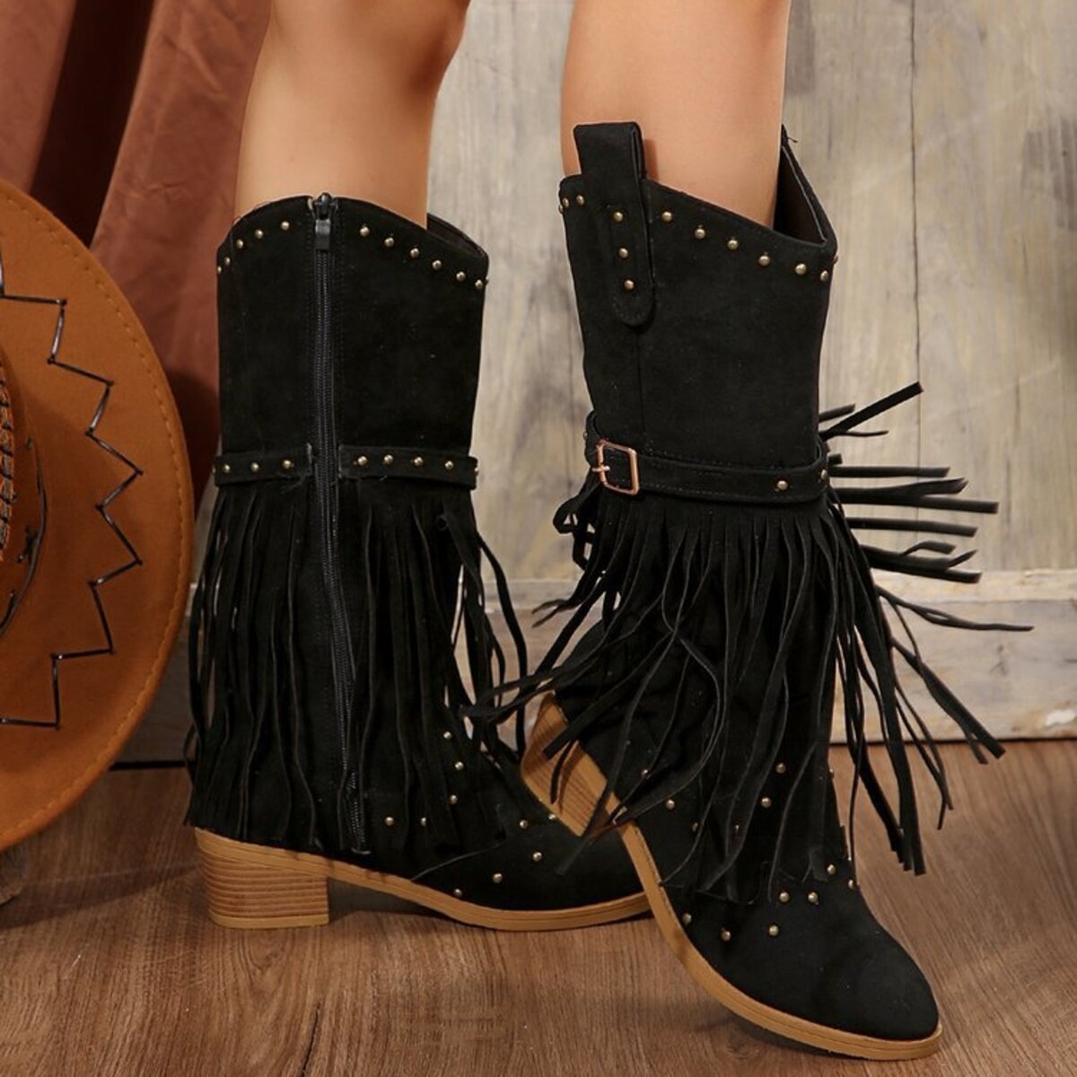 Fringe Point Toe Block Heels Boots