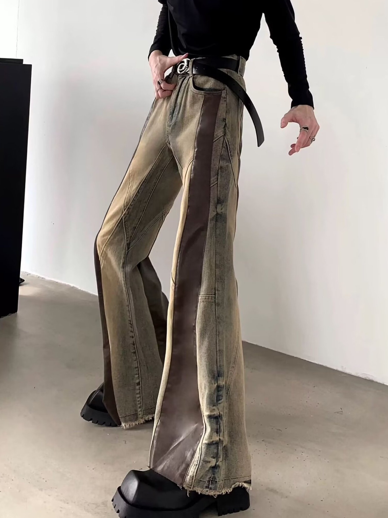 Men's Plus Size Vintage Washed Two-Tone Flare Jeans