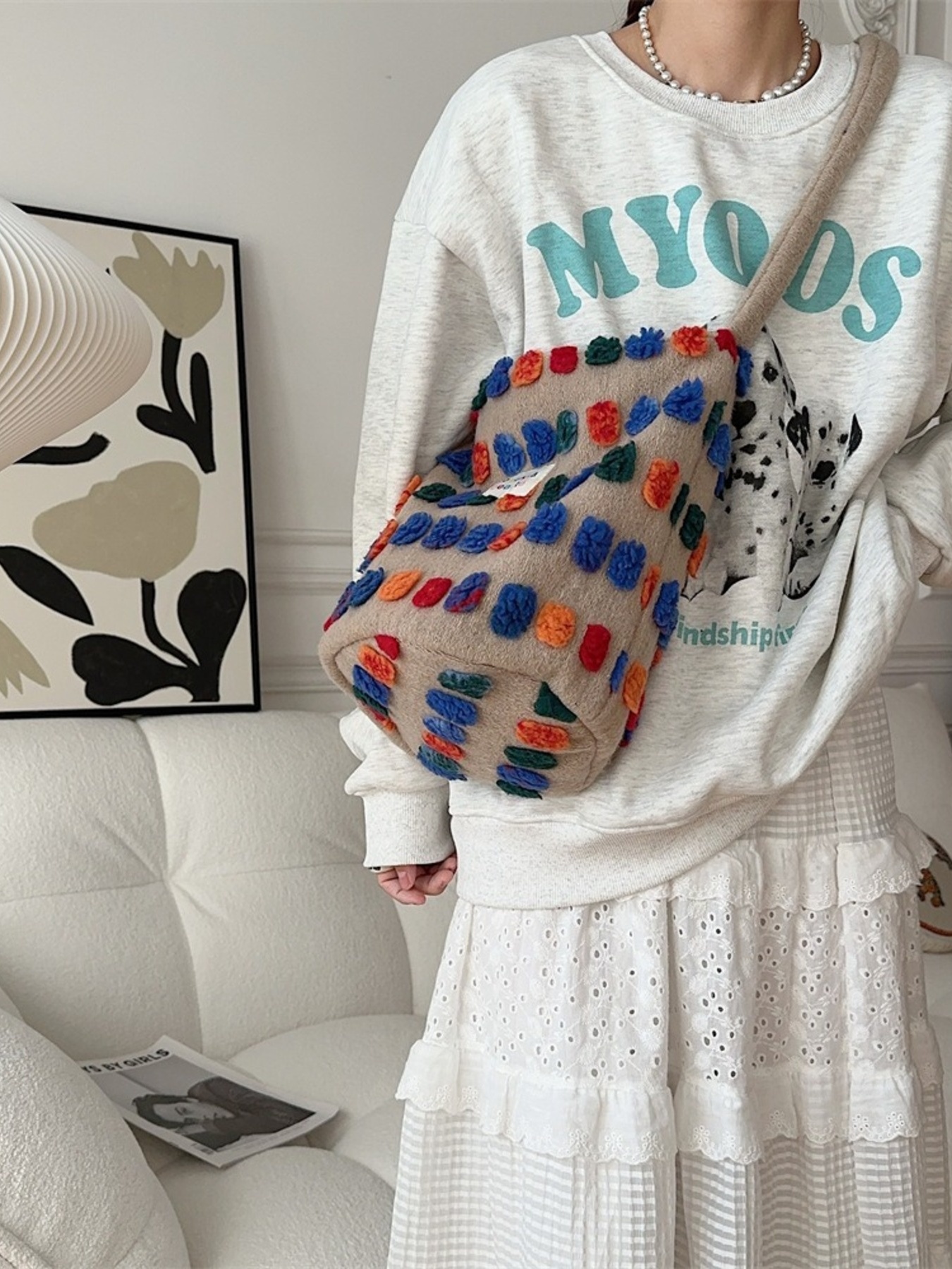 Colorful Pom-Pom Plush Crossbody Bag
