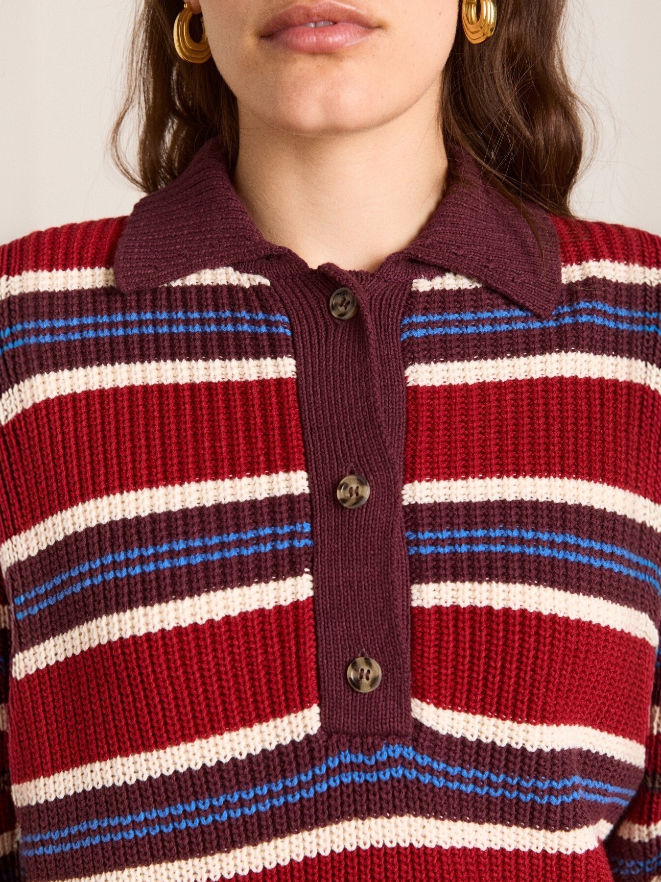 Striped Button Detail Polo Collar Sweater