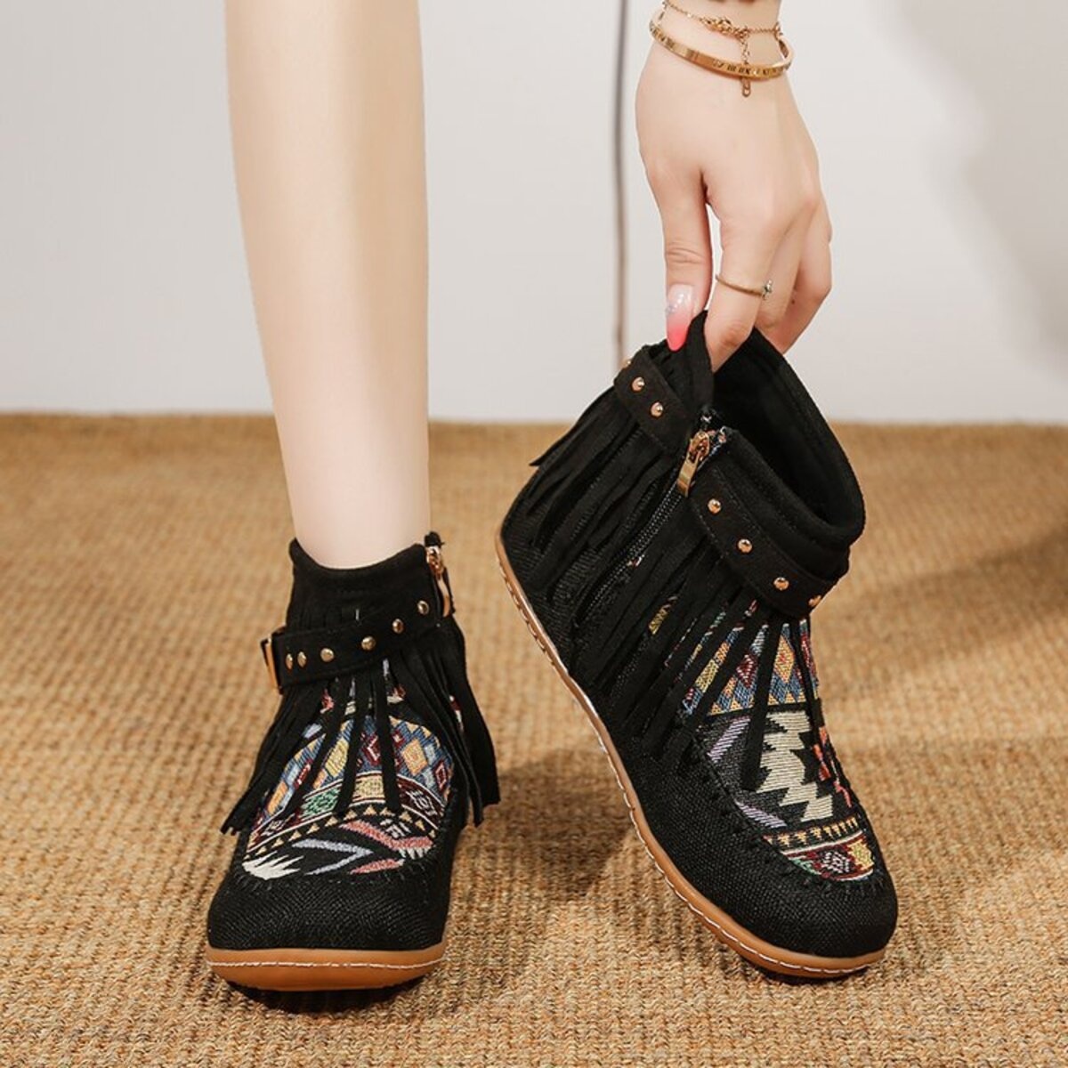 Fringe Side Zipper Ankle Boots