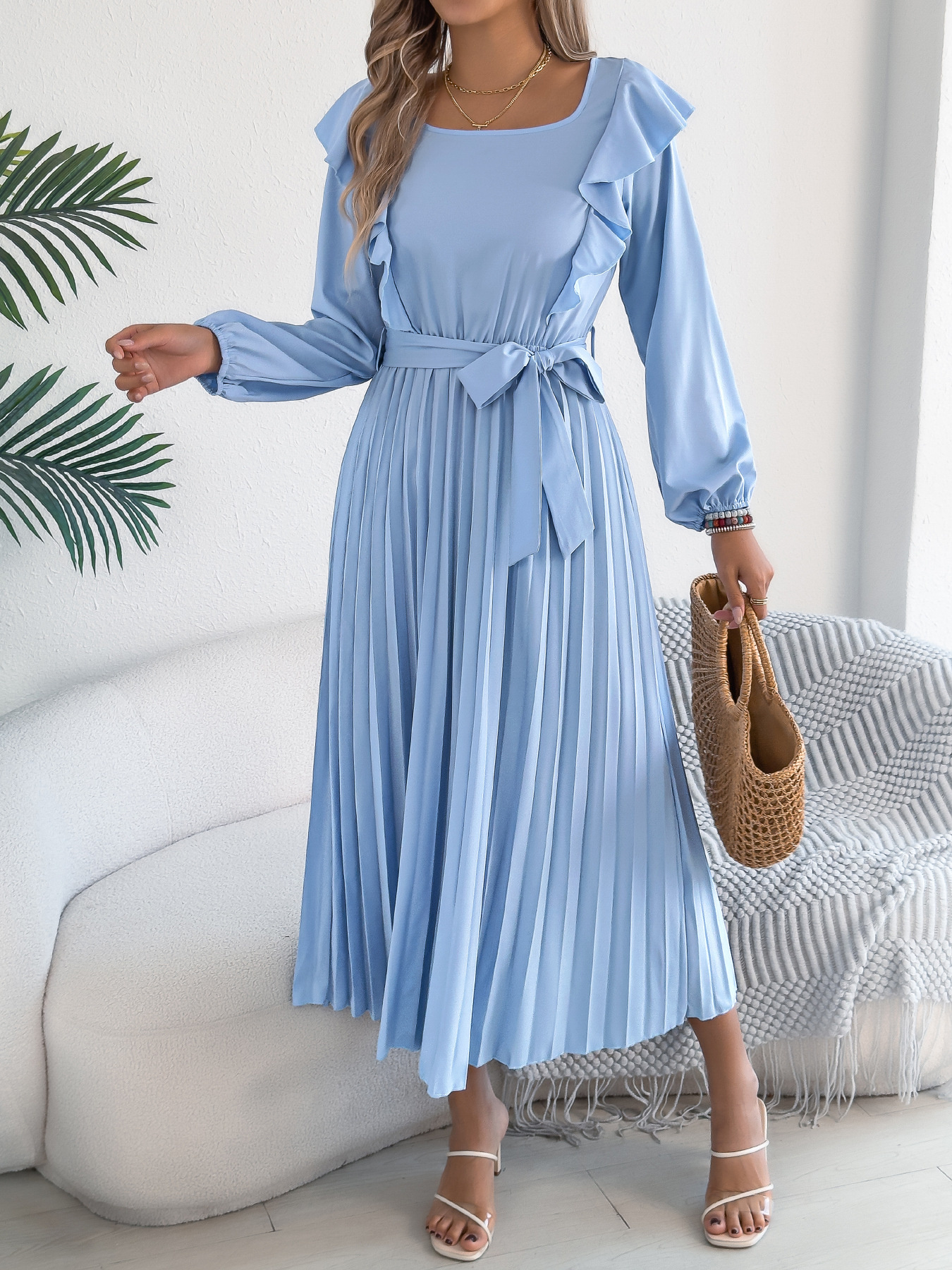 Ruffle Trim Pleated A-Line Midi Dress