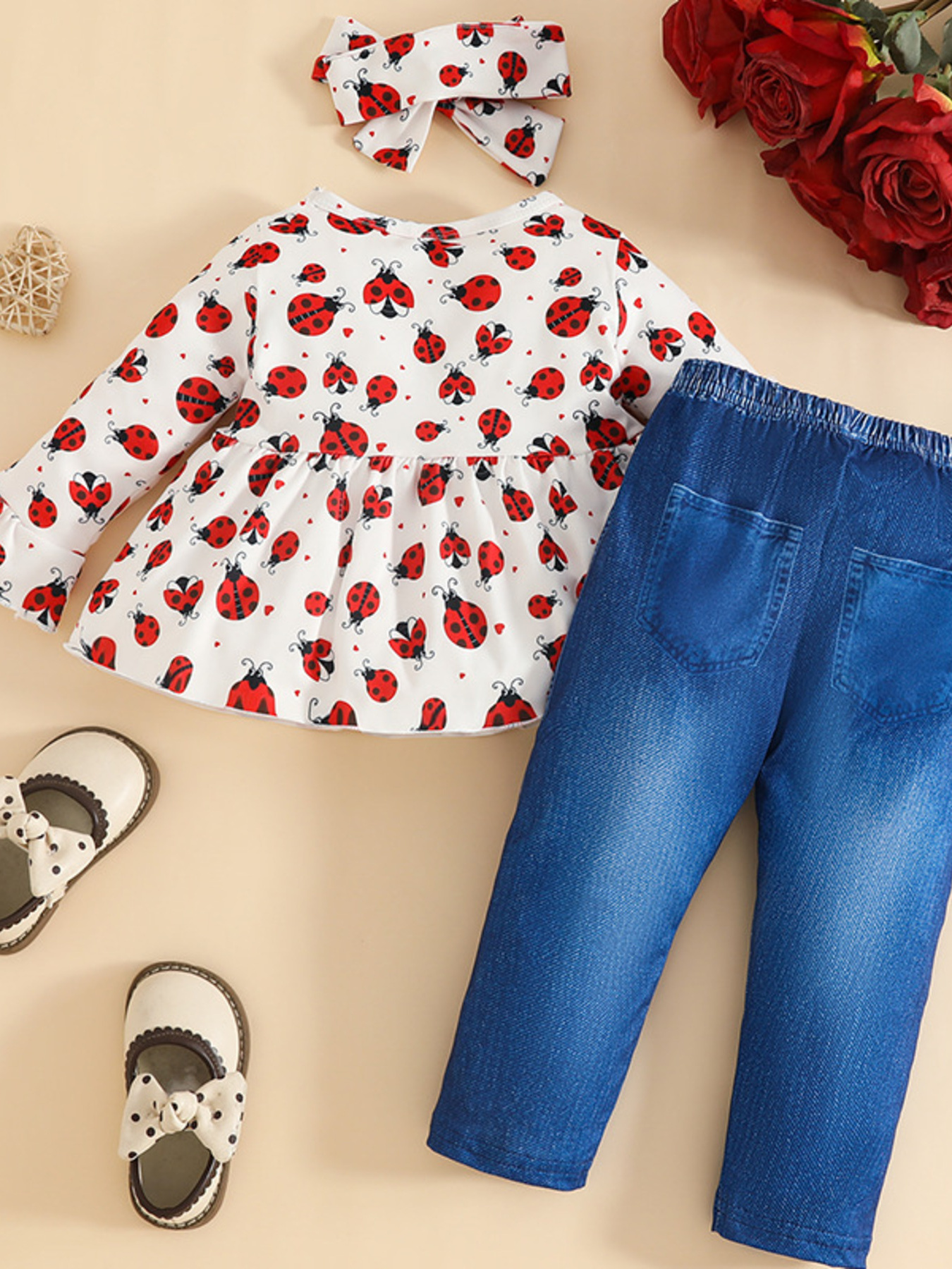 Children's Ladybug Print Ruffle Hem Top & Jeans Set with Headband