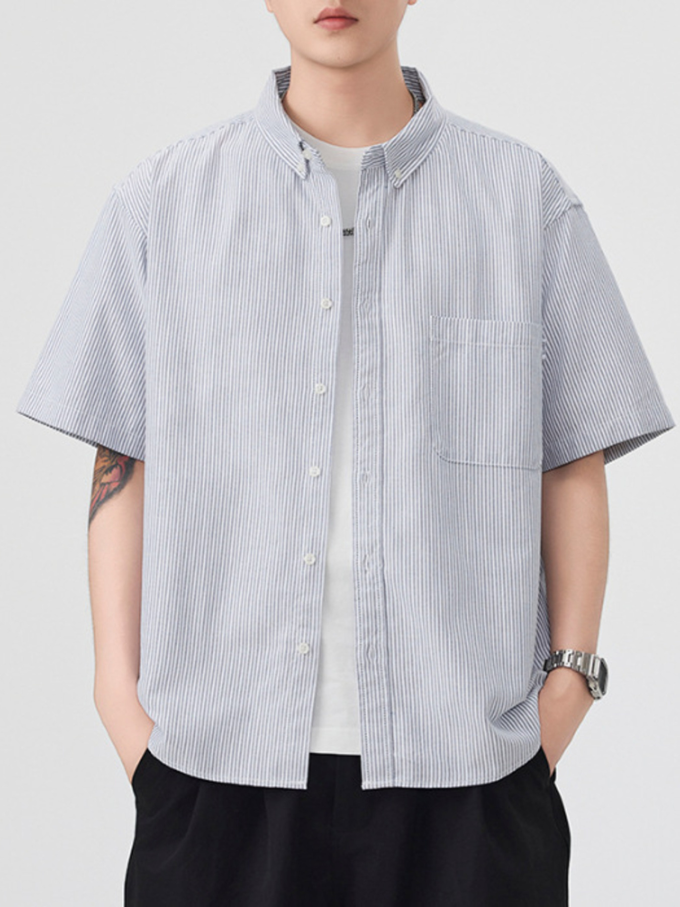 Men's Plus Size Striped Short Sleeve Button-Up Shirt