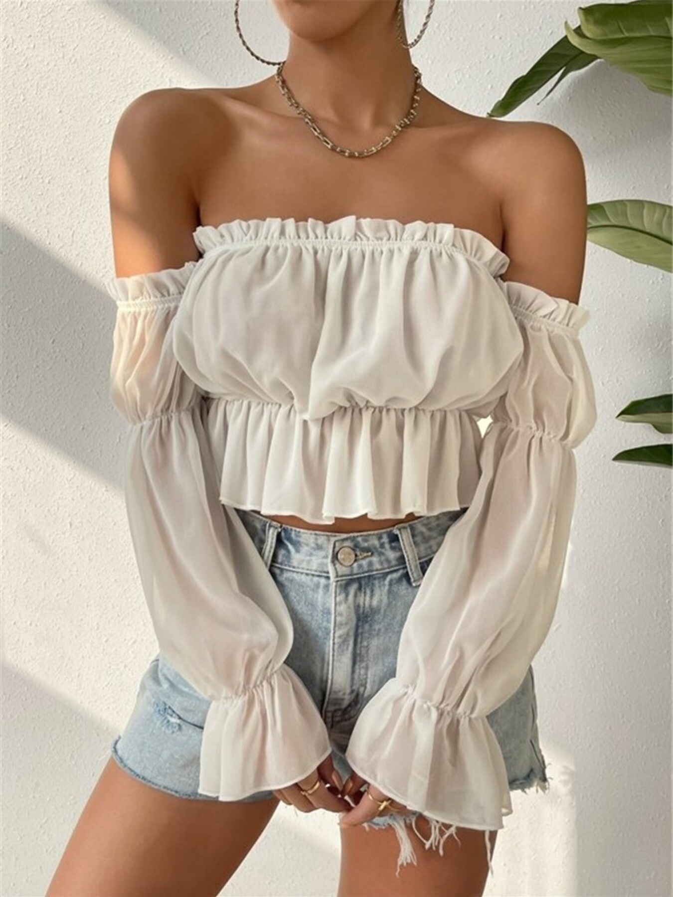 Off-Shoulder Ruffle Trim Sheer Cropped Blouse