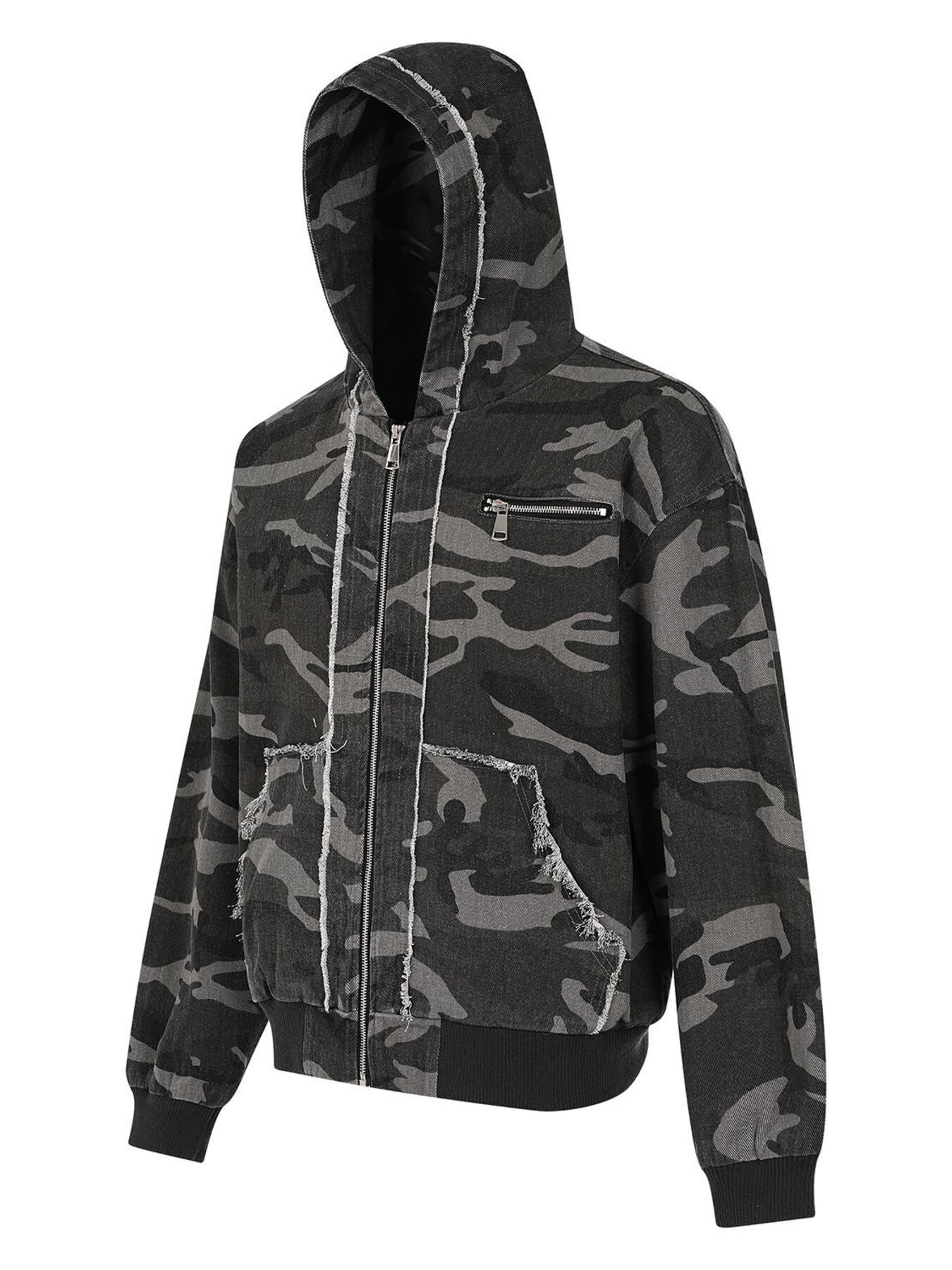 Men's Camo Zip Up Raw Hem Hoodie