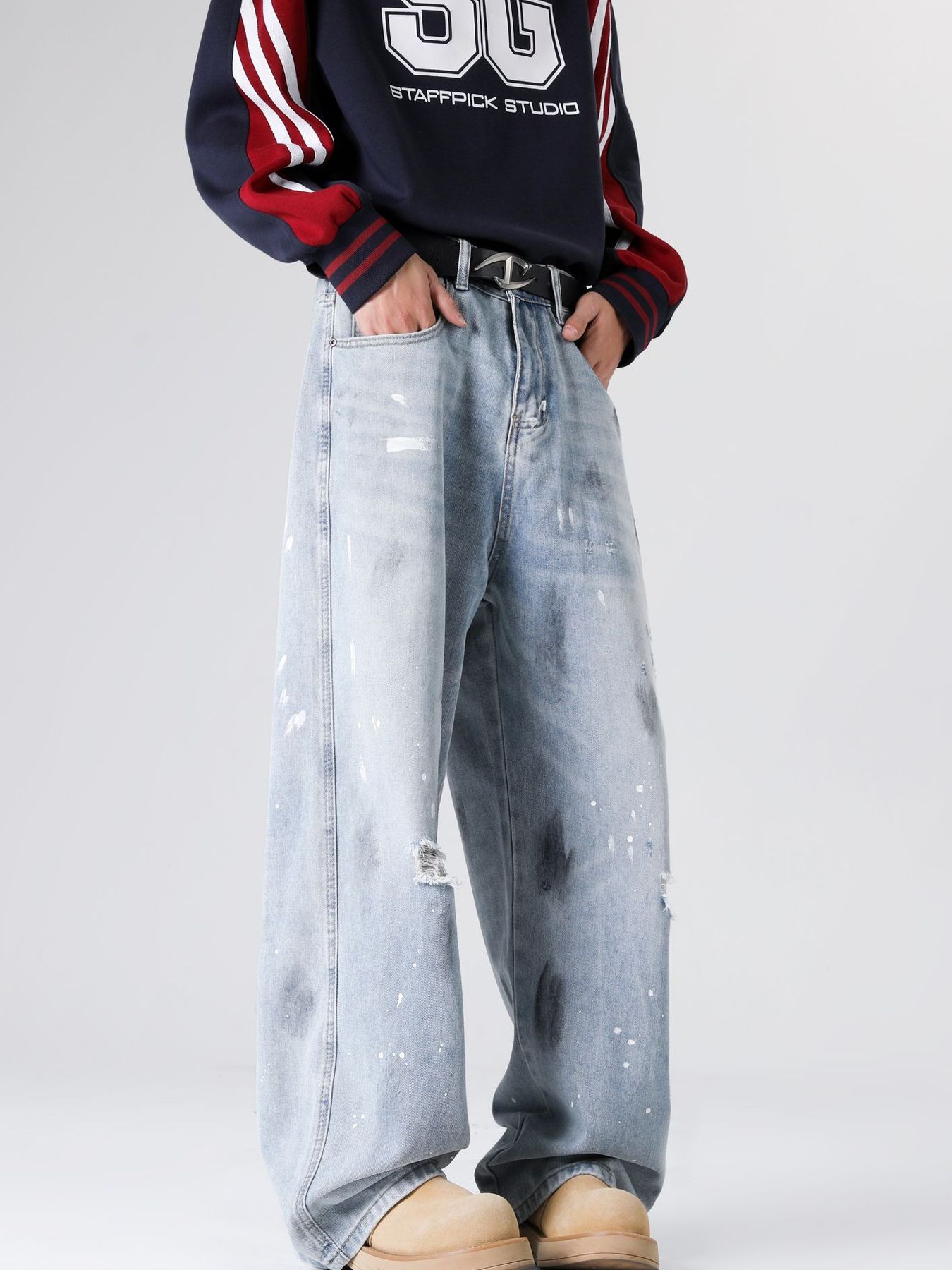 Men's Full Size Distressed Wide Leg Jeans Plus Size