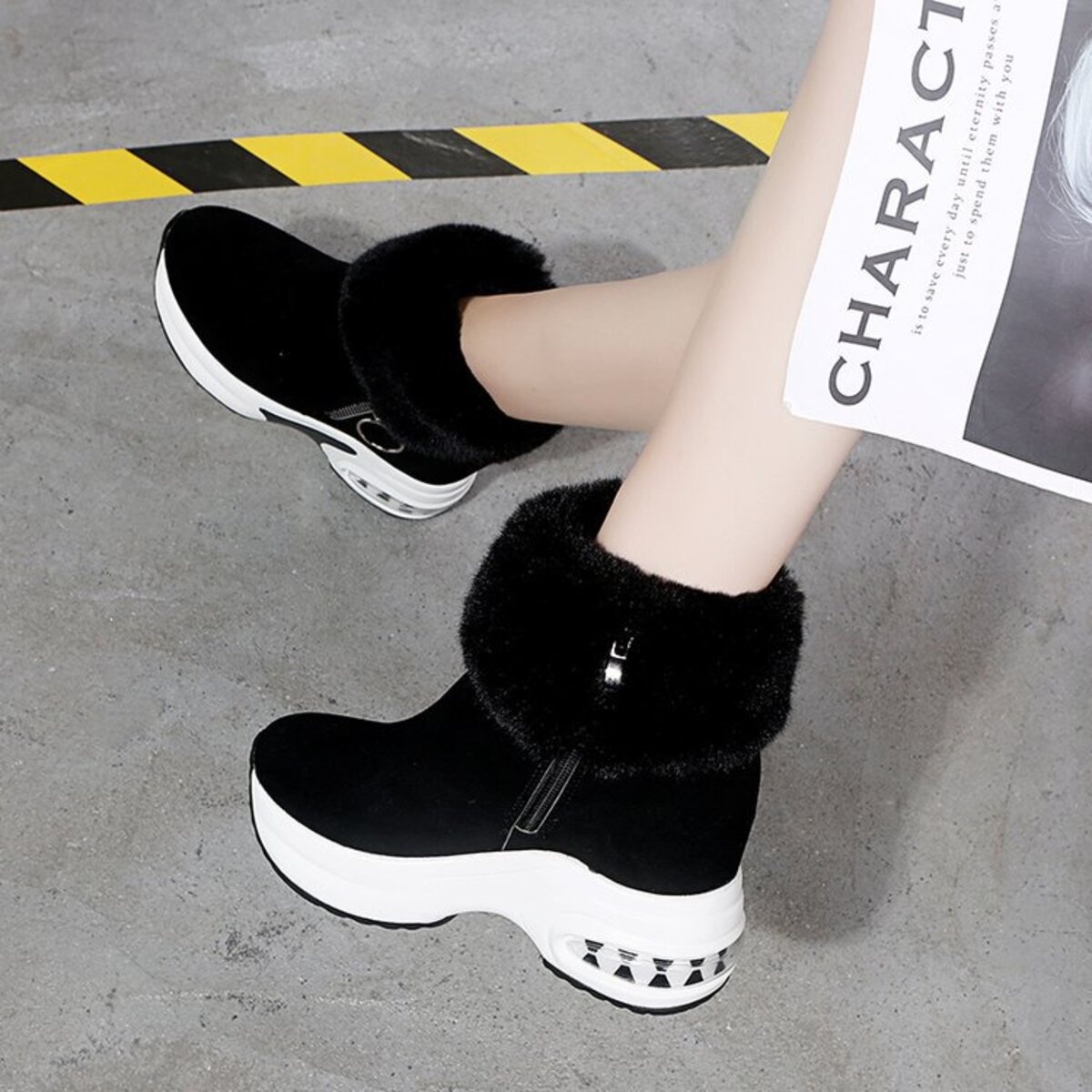 Fuzzy Side Zipper Platform Ankle Boots