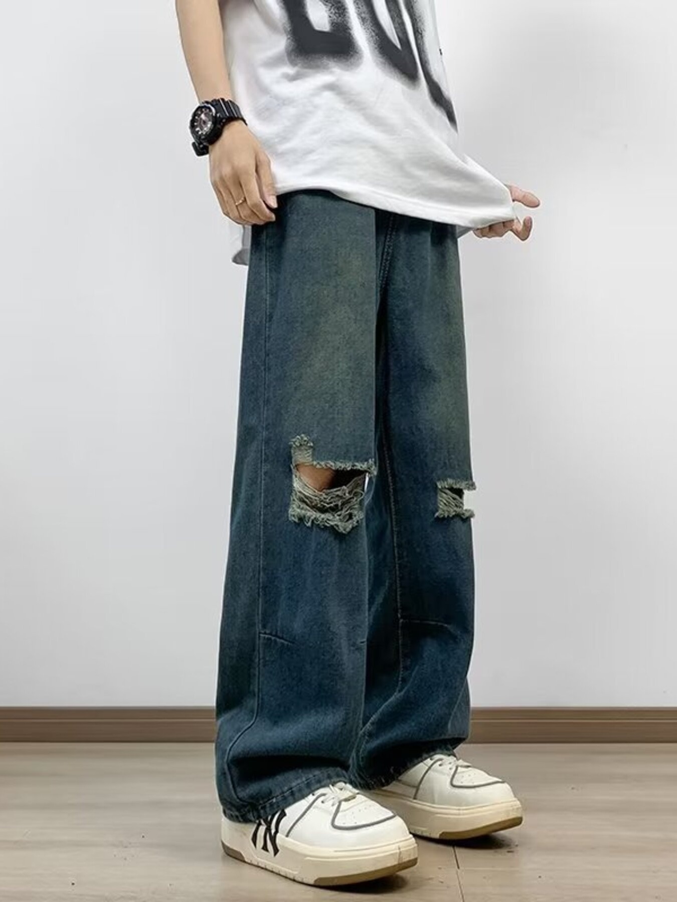 Men's Full Size Distressed Wide Leg Jeans Plus Size