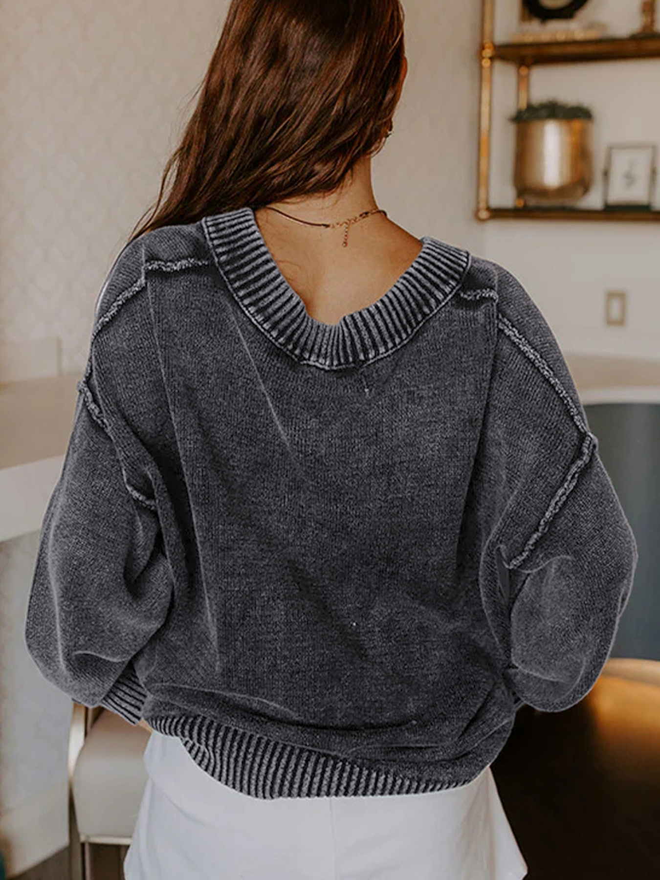 Wash V-Neck Long Sleeve Sweater