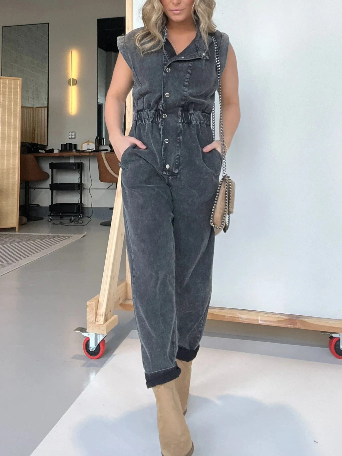 Full Size Button Front Cap Sleeve Denim Jumpsuit Plus Size