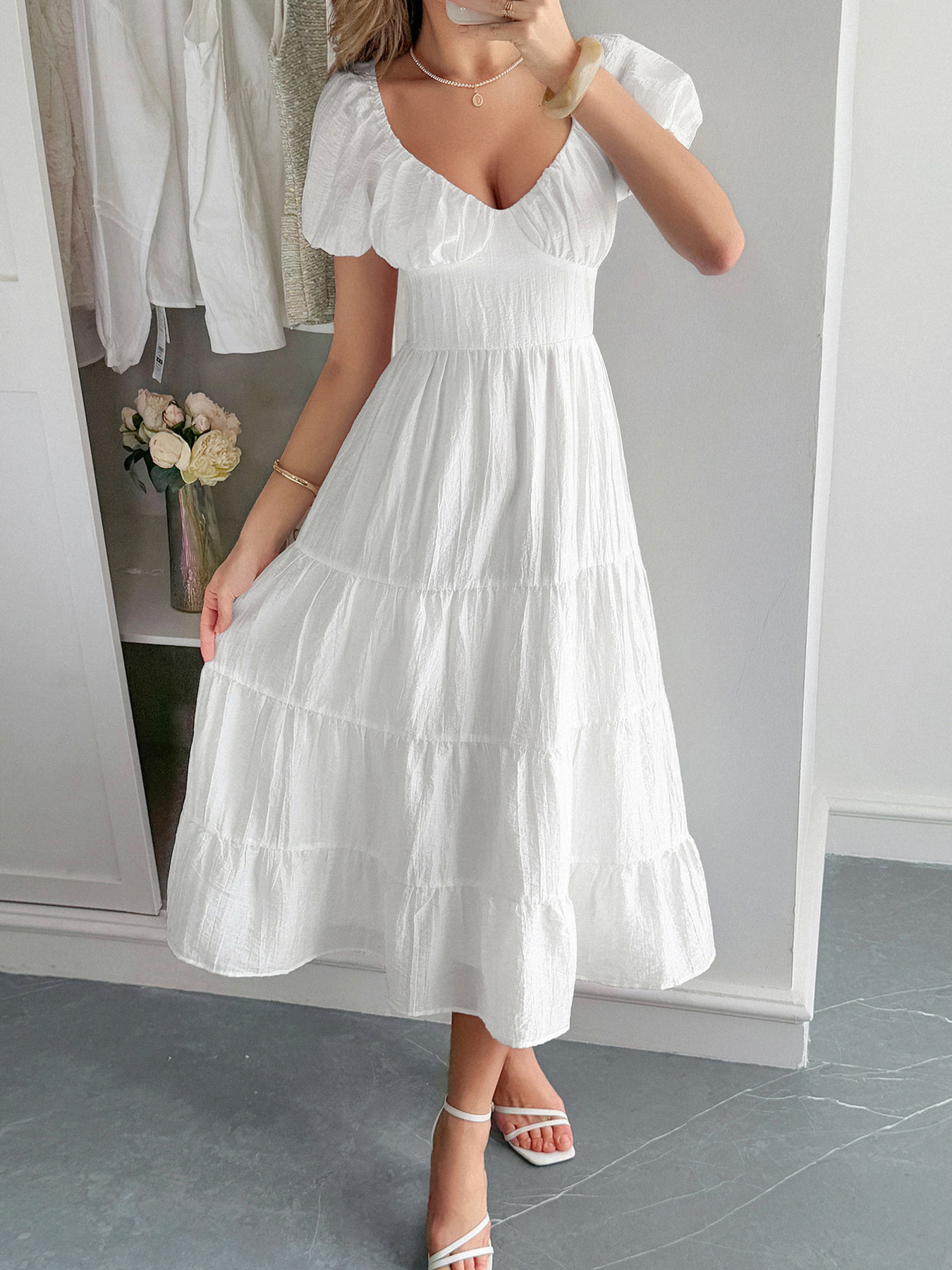 V-Neck Short Sleeve Midi Dress