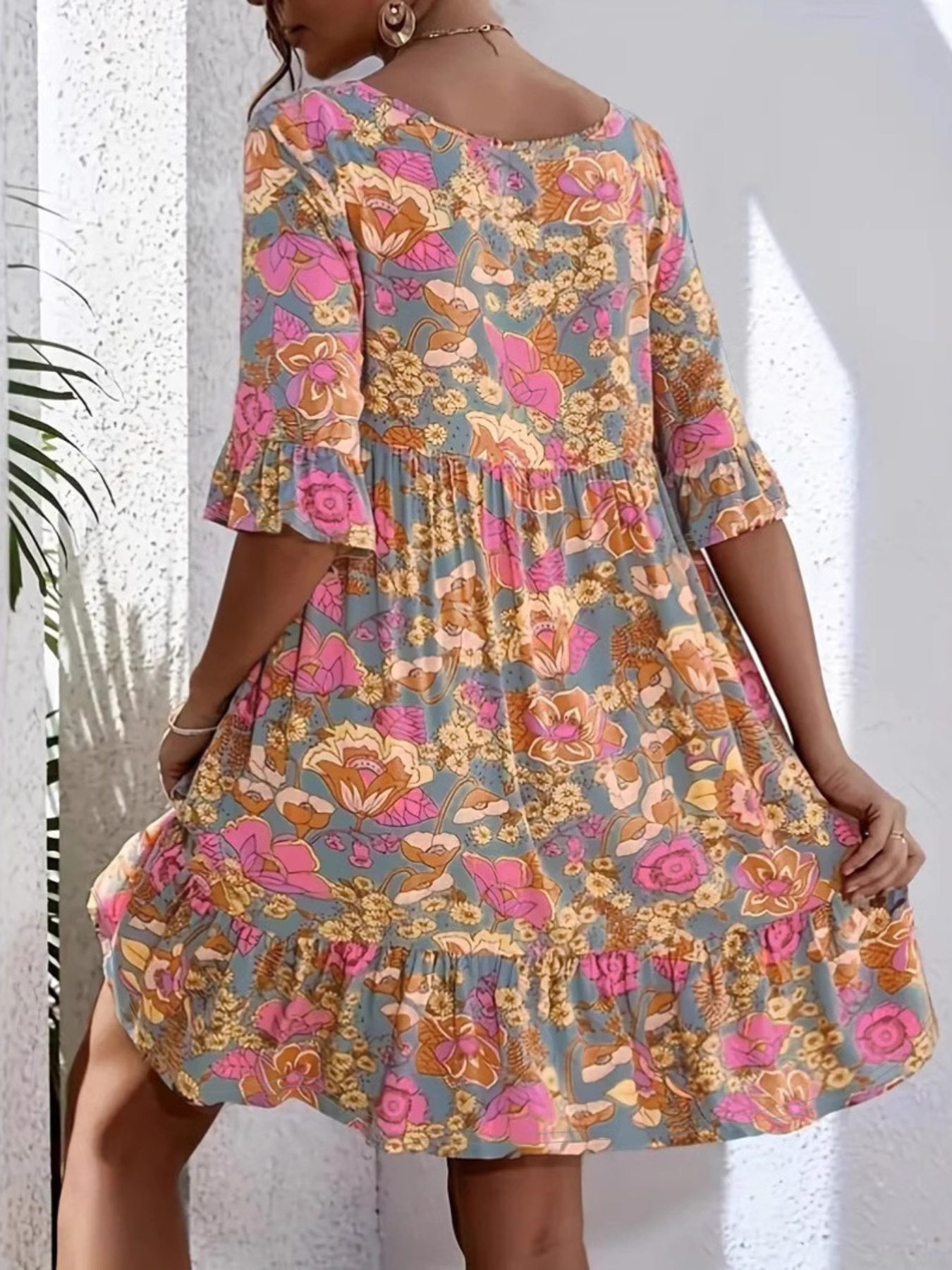 Printed V-Neck Tiered Dress
