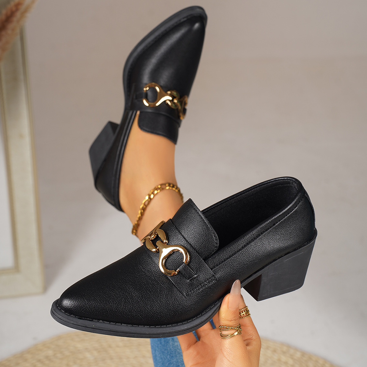 Point Toe Block Heels Loafers