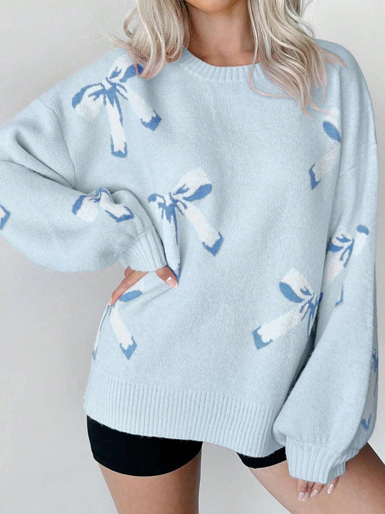 Bow Round Neck Dropped Shoulder Sweater