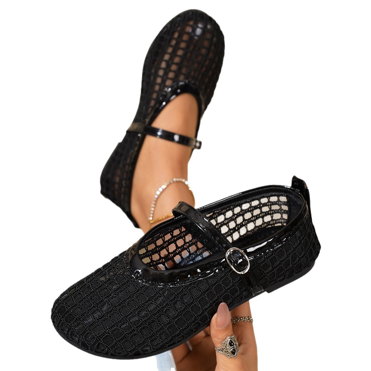 Woven Mesh Mary Jane Sandals with Buckle Strap