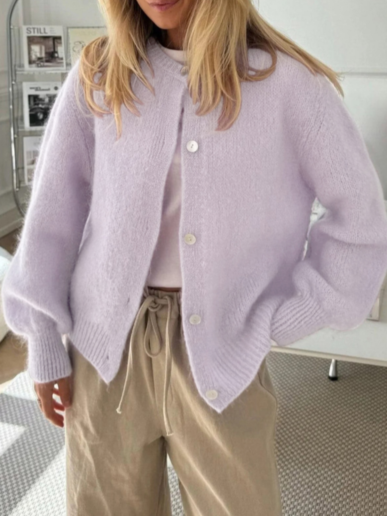 Button-Front Round Neck Cardigan