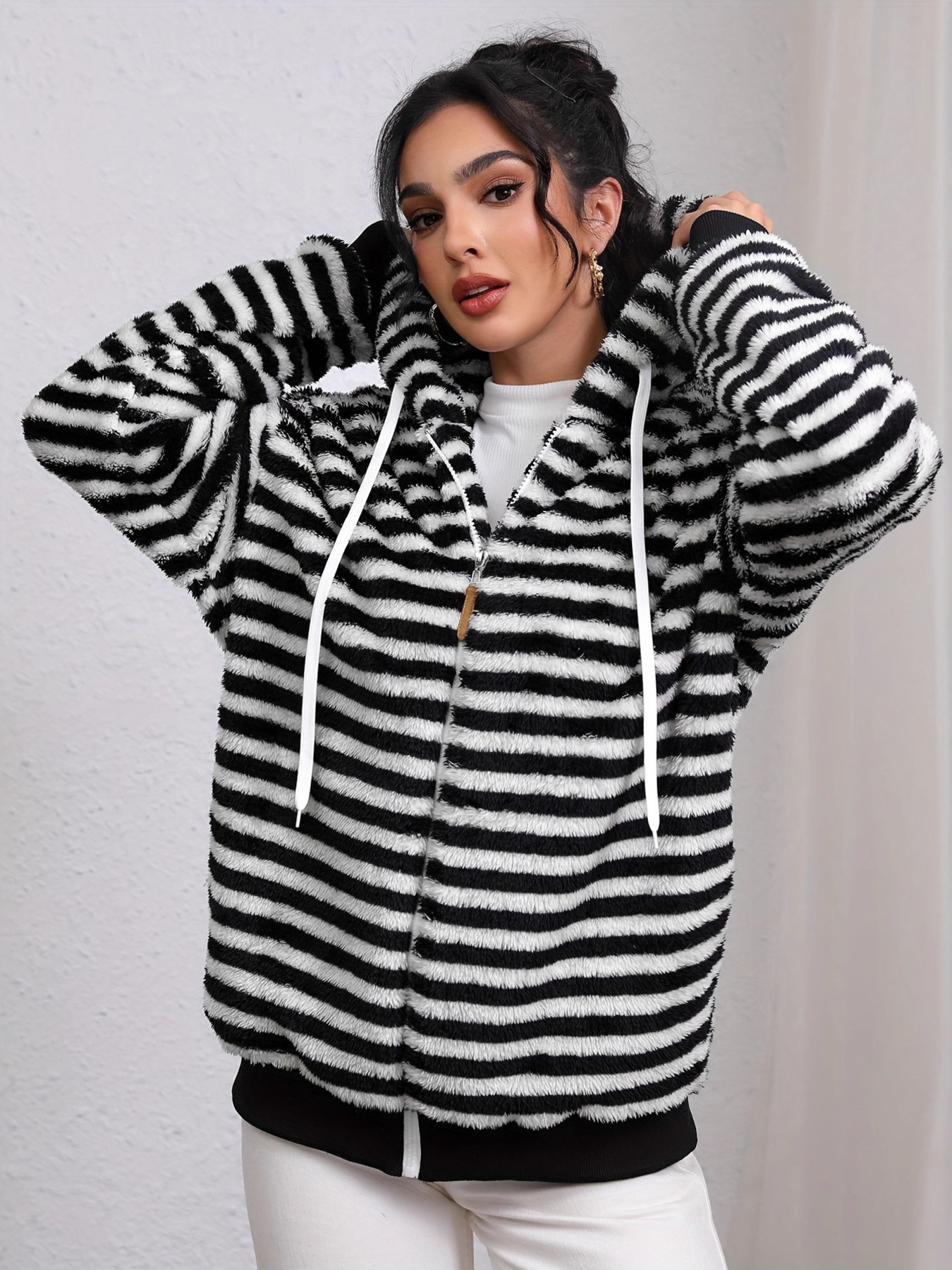 Striped Plush Zip-Up Hooded Outerwear