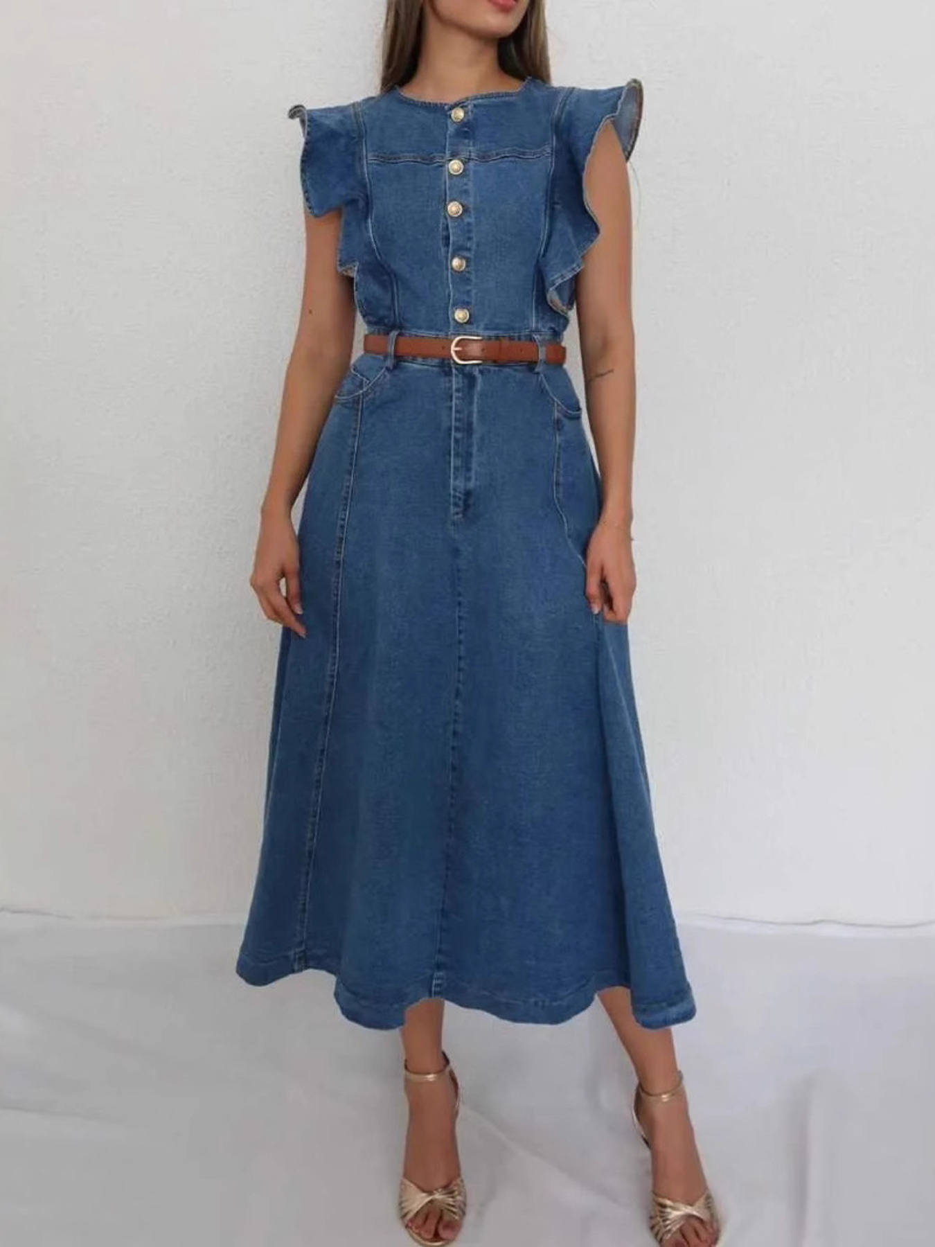 Button-Front Ruffle Sleeve Denim Midi Dress