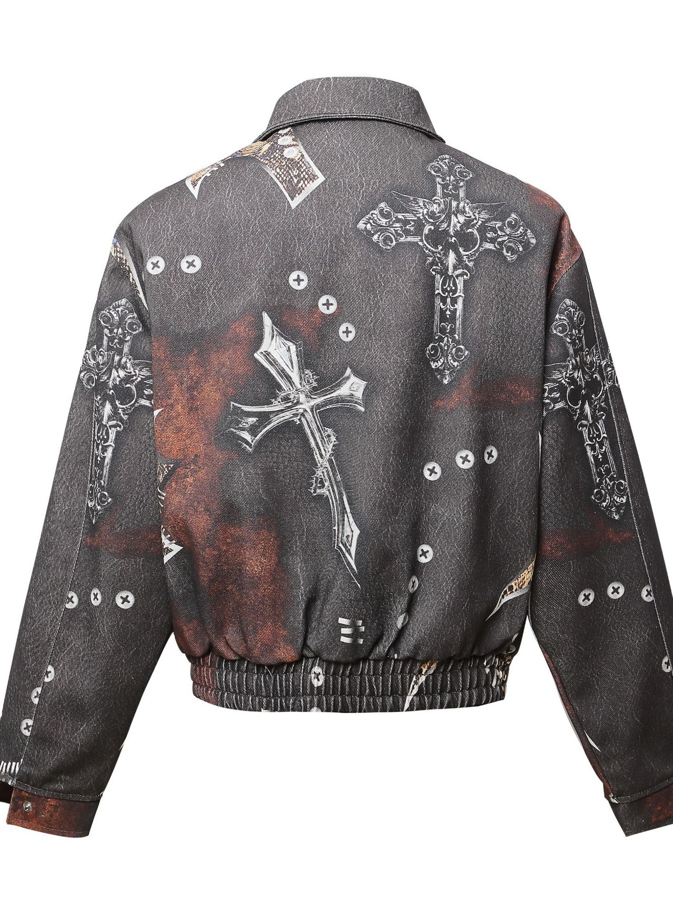 Men's Gothic Cross Print Distressed Denim Jacket