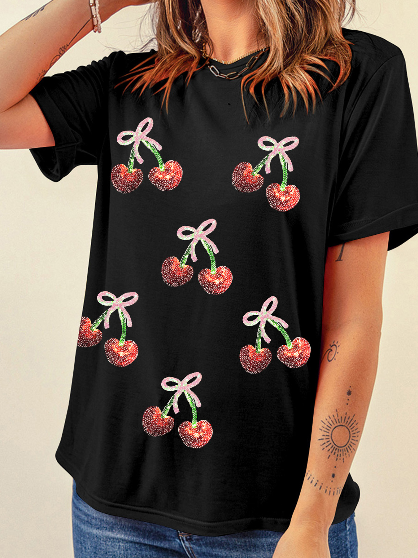 Full Size Sequin Bow Cheery Patched Valentines Tee Plus Size