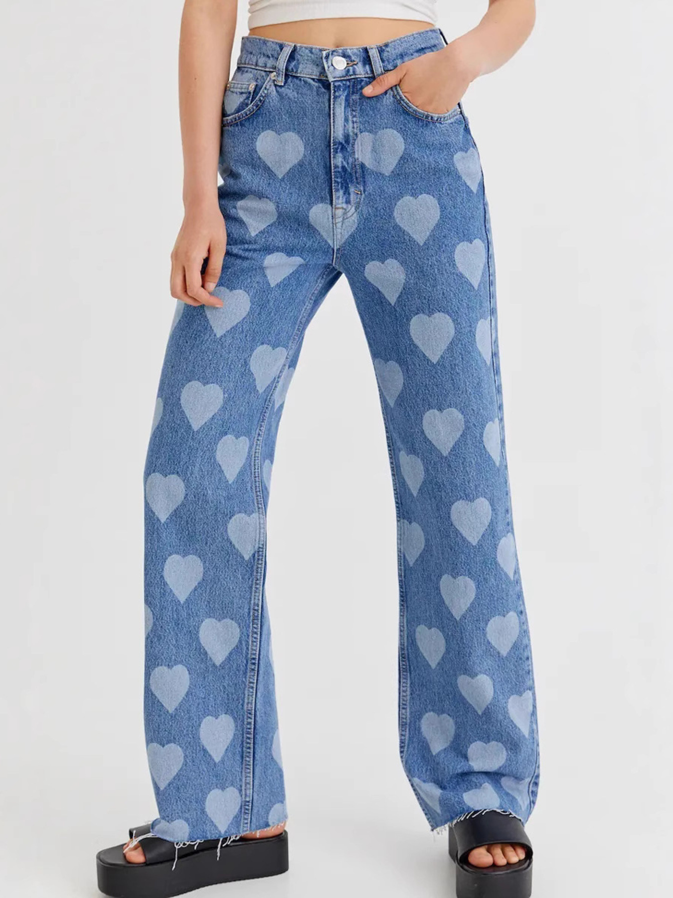Heart Pattern High-Waist Wide Leg Jeans
