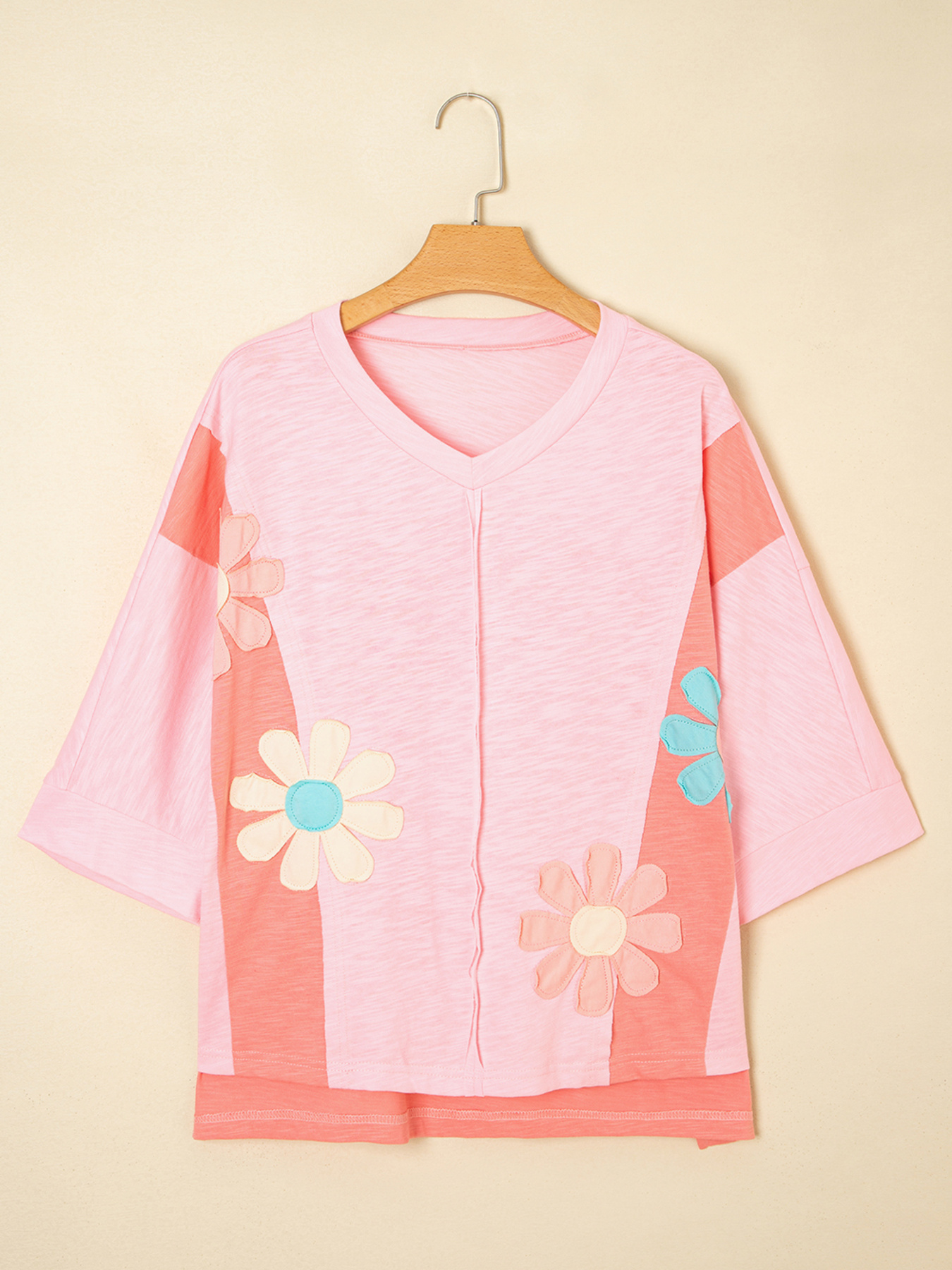 Flower Patched Exposed Seam Oversized T Shirt