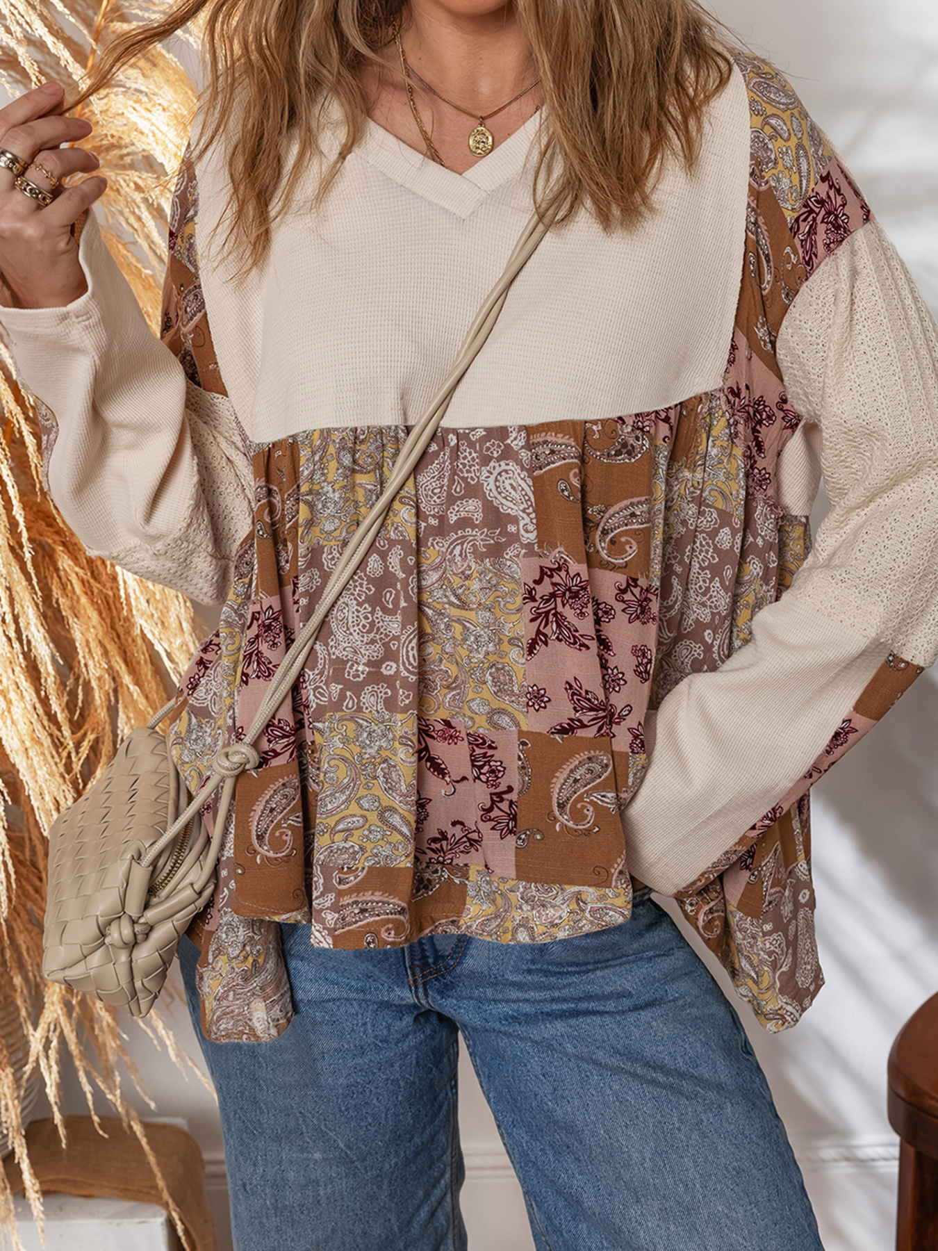 Paisley Ethnic Print Contrast Patchwork Long Sleeve Loose Top