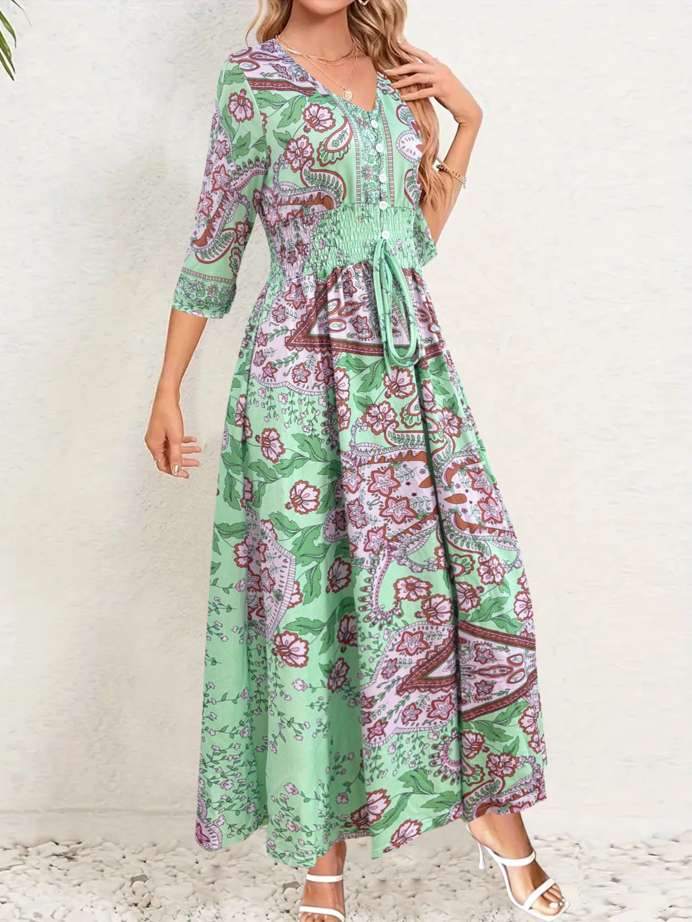 Smocked Printed Half Sleeve Dress