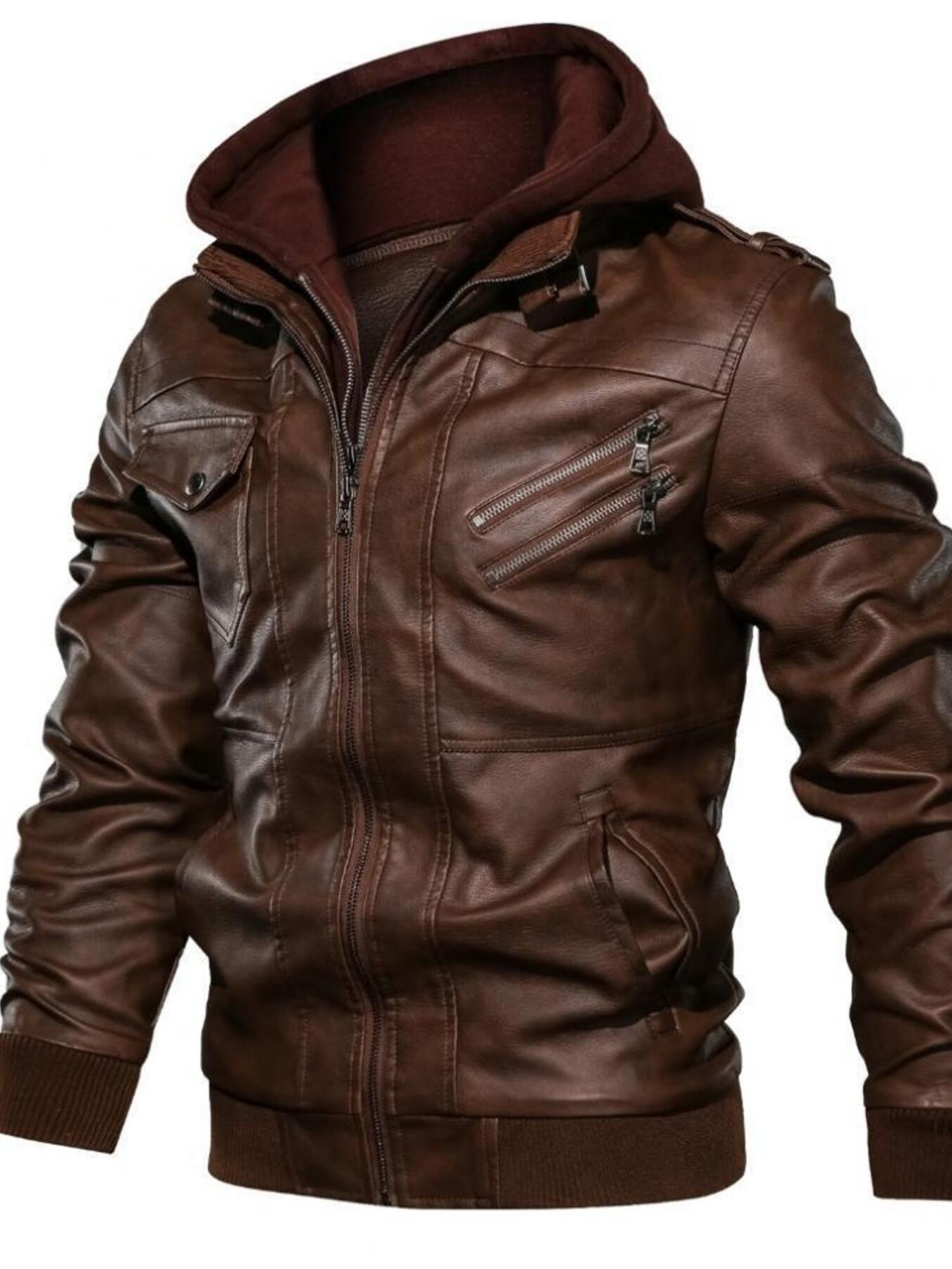 Men's Full Size Vintage Hooded Leather Jacket Plus Size