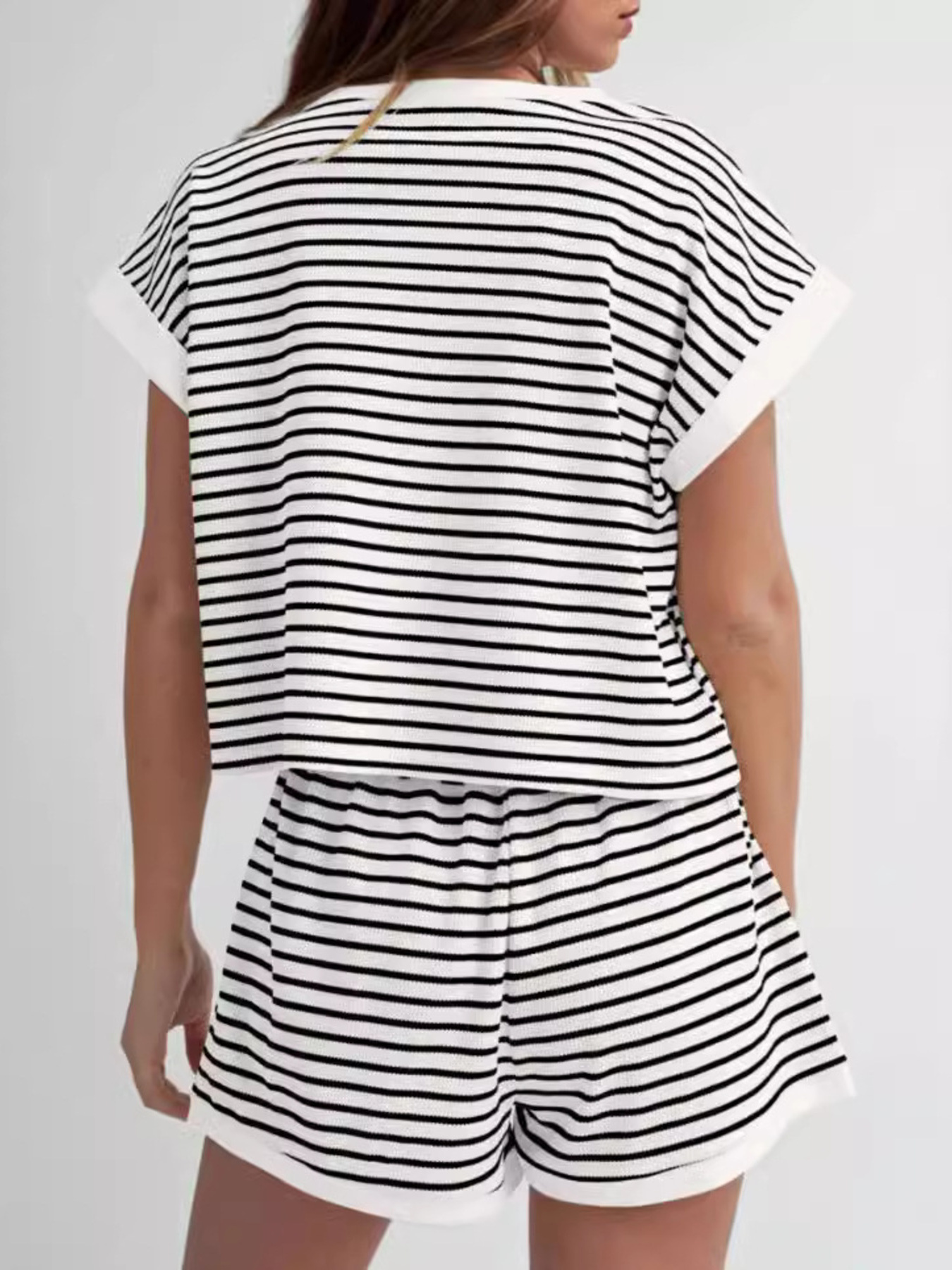 Full Size Contrast Striped T-Shirt and Shorts Set Plus Size