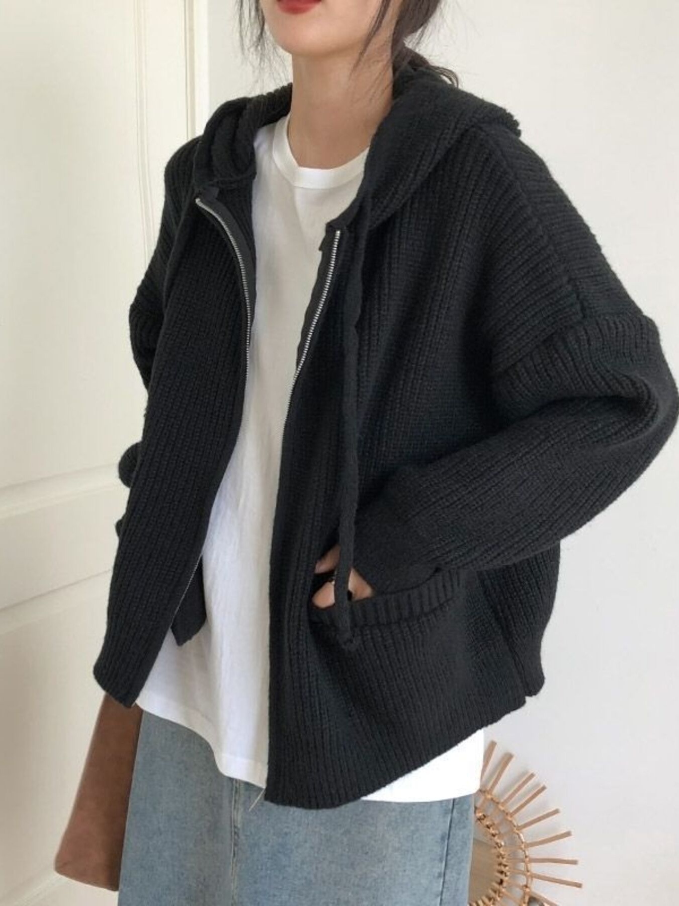 Casual Knitted Zip-Up Hooded Cardigan