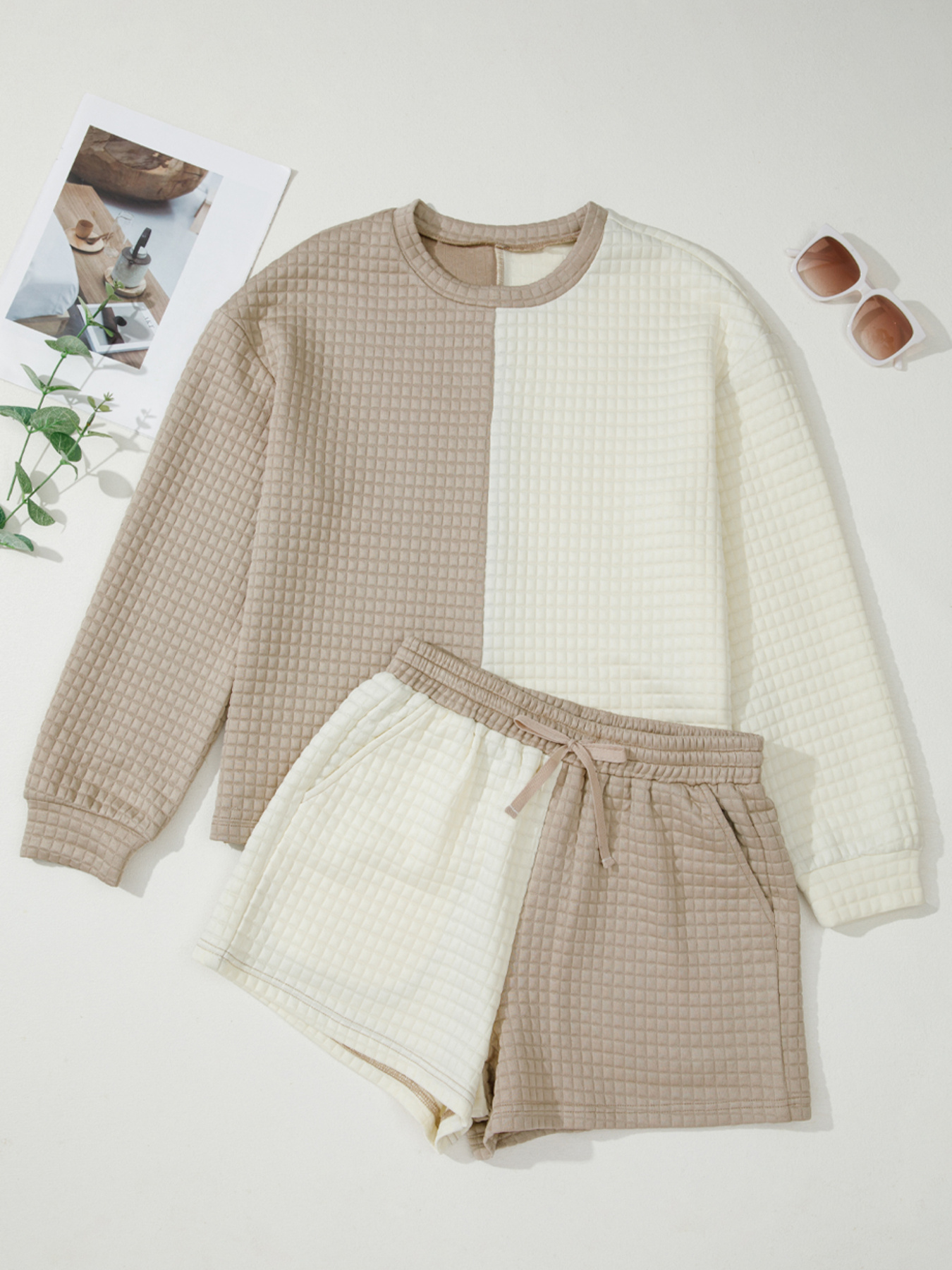 Color Block Patchwork Textured Long Sleeve Top and Short Lounge Set