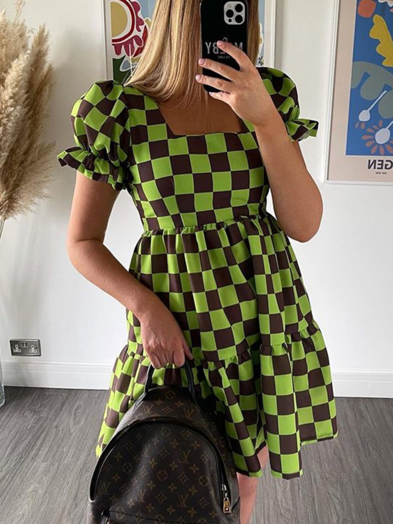 Checkered Short Sleeve Tiered Mini Dress