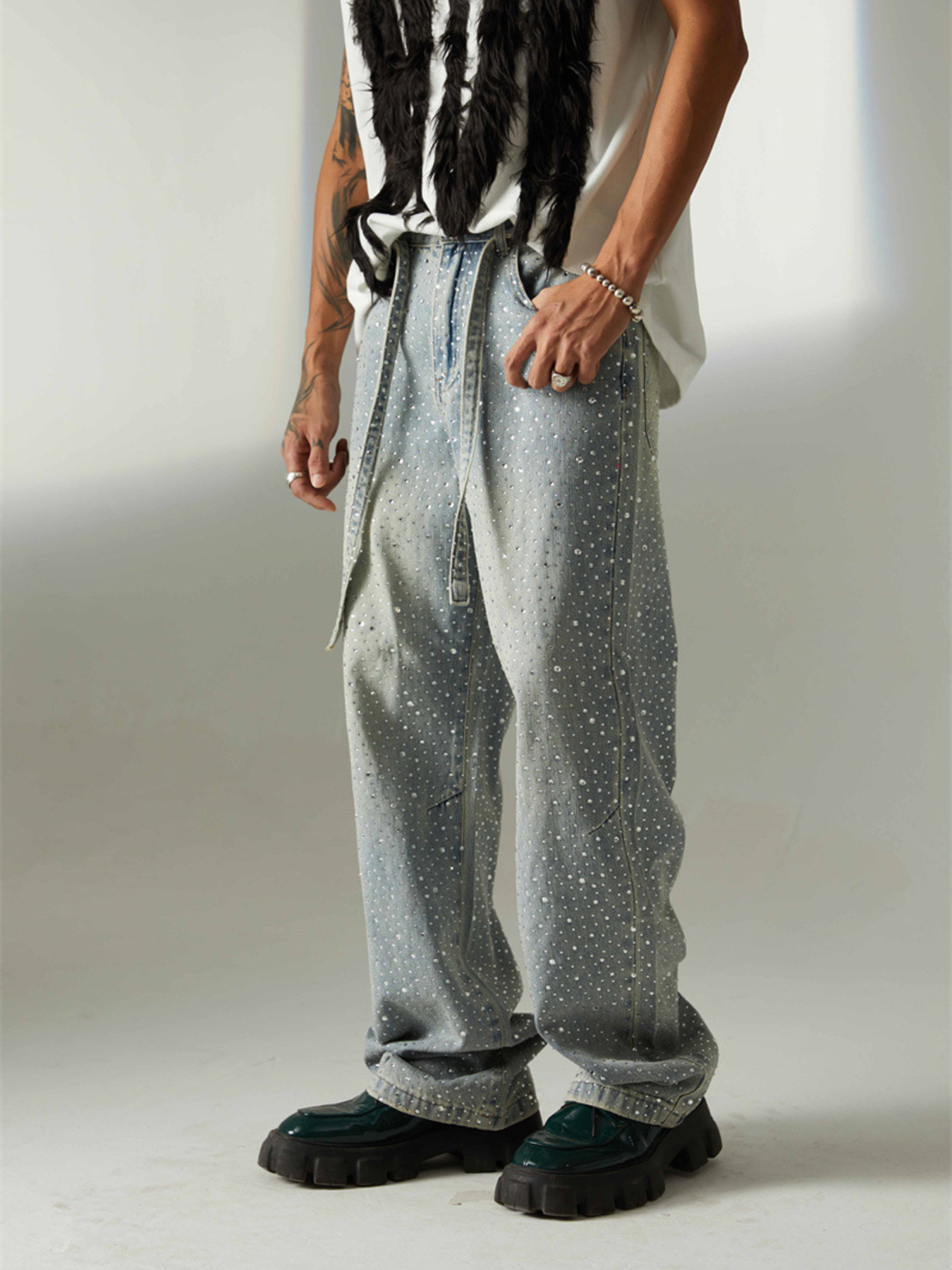 Rhinestone Embellished Wide Leg Jeans