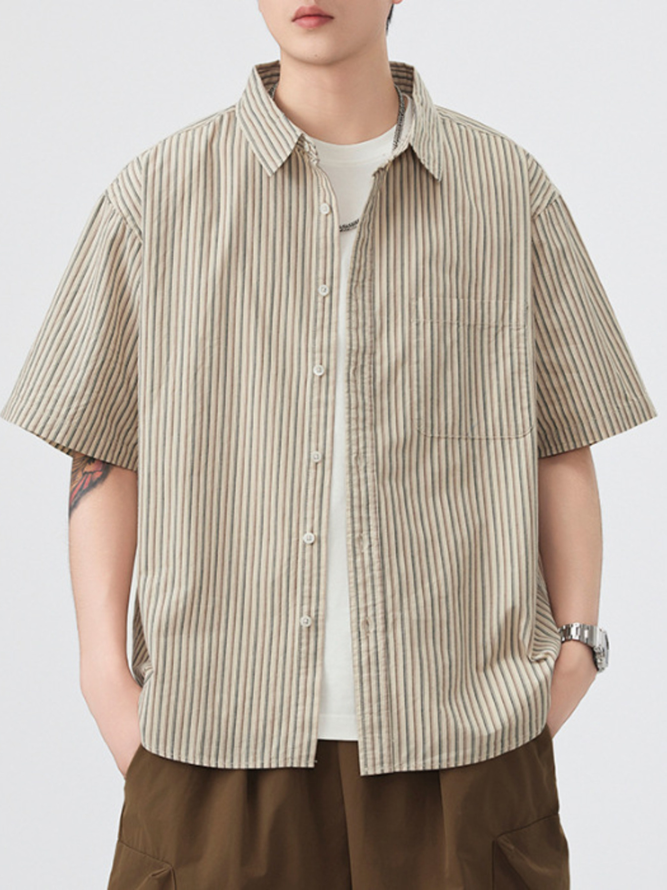Men's Plus Size Striped Button Up Short Sleeve Shirt