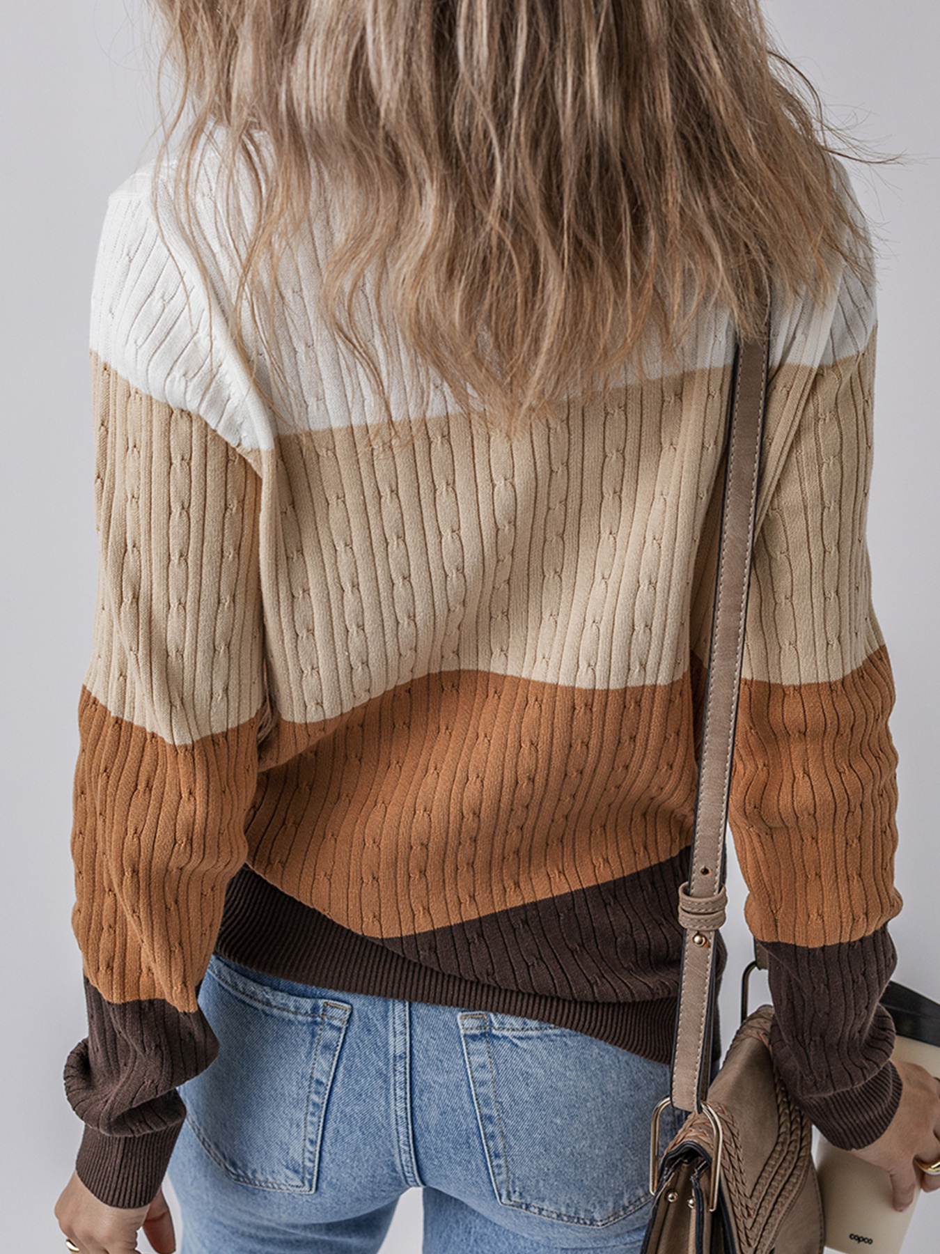 Colorblock Cable Knit Round Neck Sweater